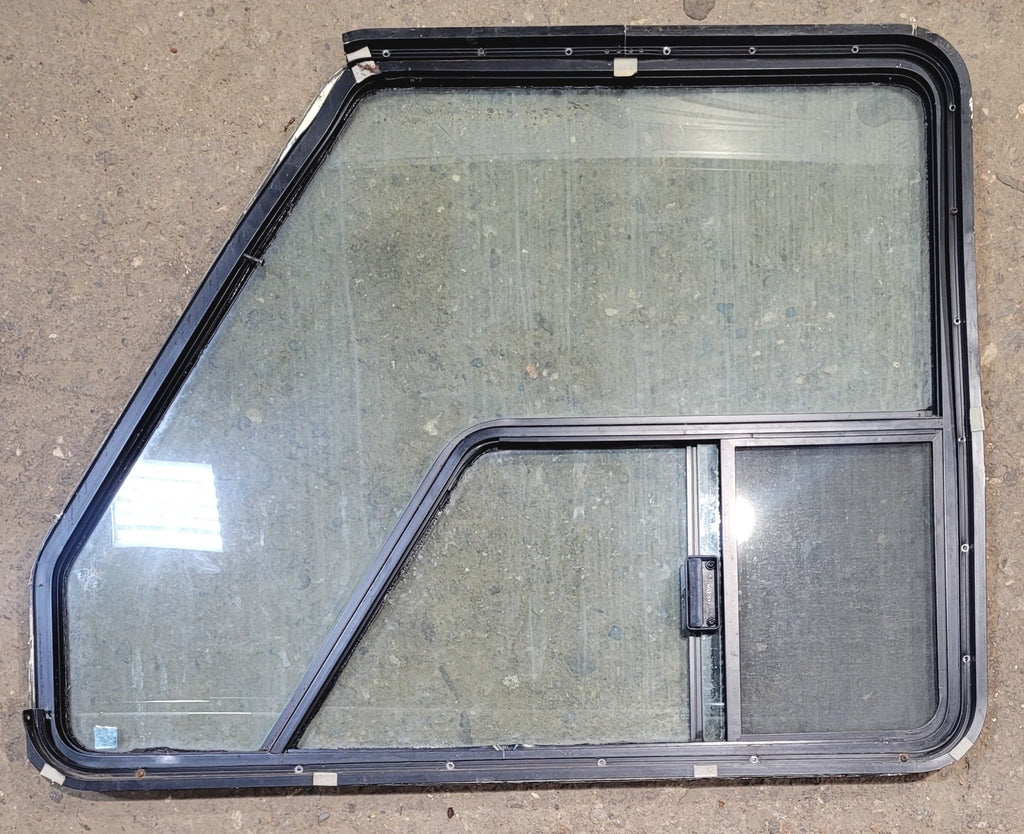 Used Slanted Black Radius Opening Window : 38 1/2" W x 30 1/4" H x 1 3/4" D - Motorhome Front Passenger Side - Young Farts RV Parts