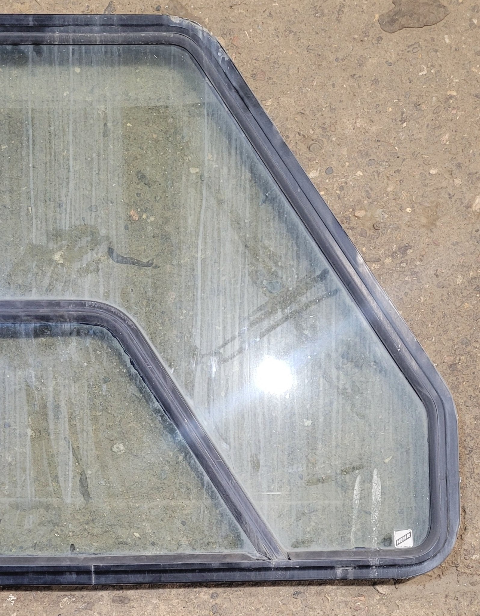 Used Slanted Black Radius Opening Window : 38 1/2" W x 30 1/4" H x 1 3/4" D - Motorhome Front Passenger Side - Young Farts RV Parts