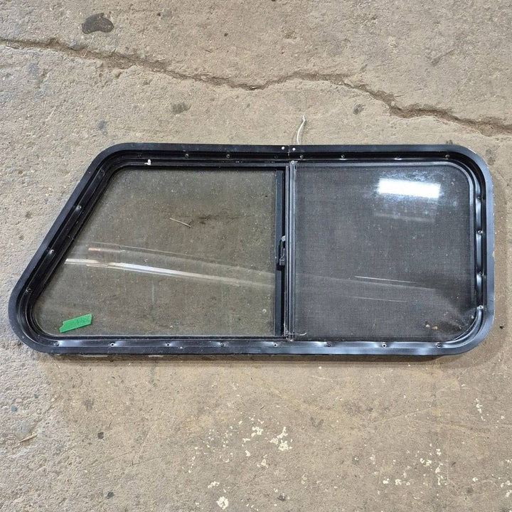 Used Slanted Black Radius Opening Window - 41 1/4" X 17 3/4" X 2" - Young Farts RV Parts