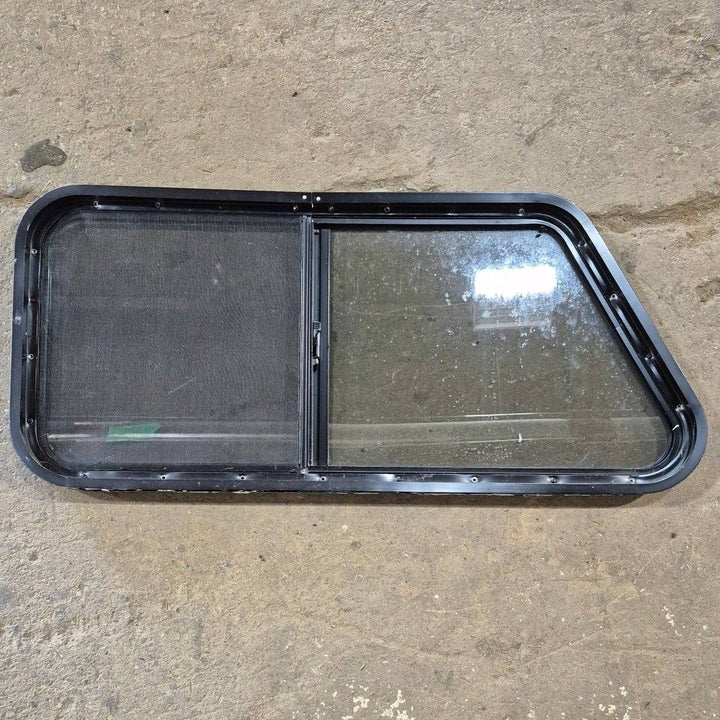Used Slanted Black Radius Opening Window - 41 1/4" X 17 3/4" X 2" - Young Farts RV Parts