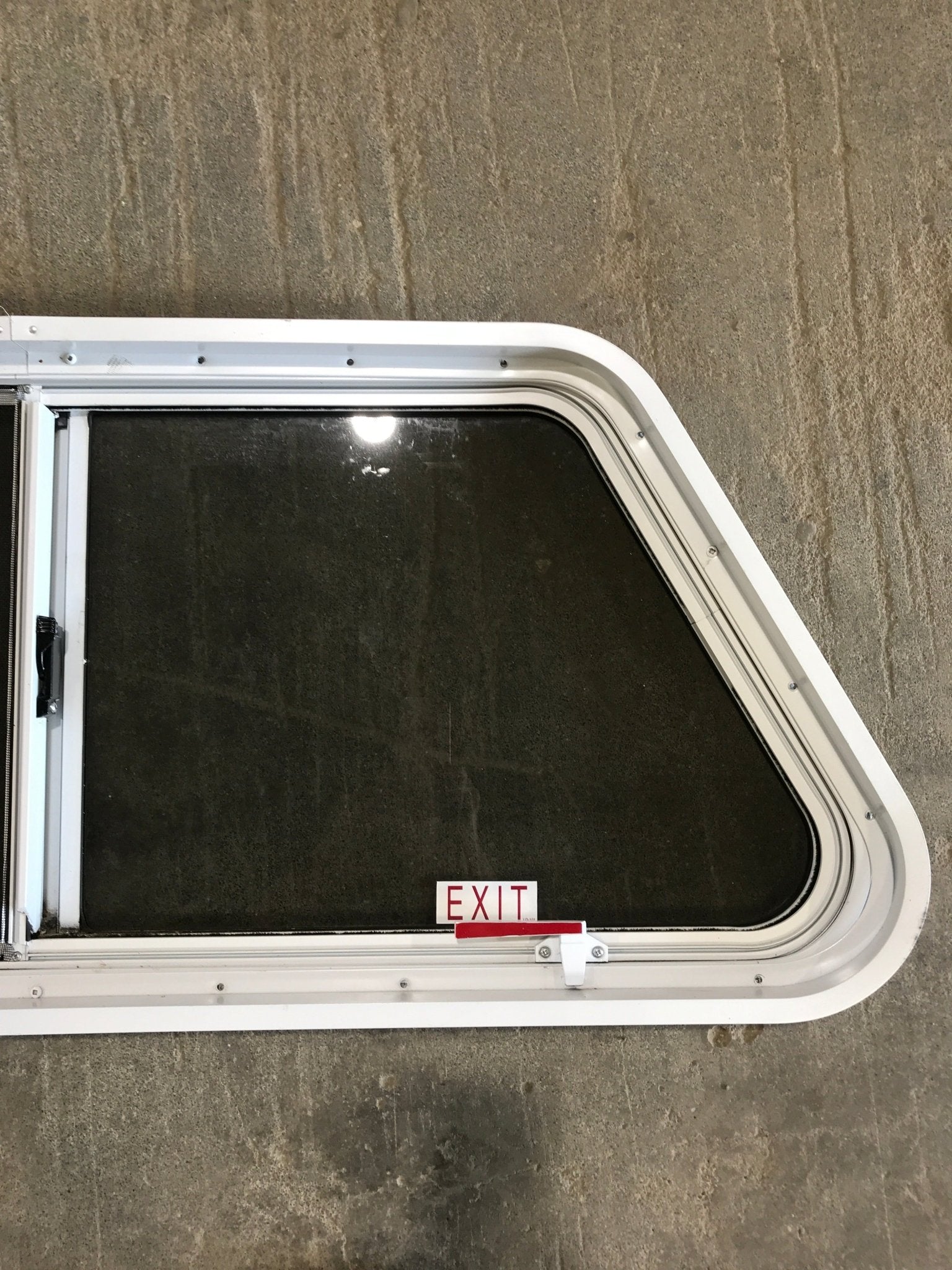 Used Slanted White Radius Emergency Opening Window : 42" W x 17 1/2" H x 2" D - Young Farts RV Parts