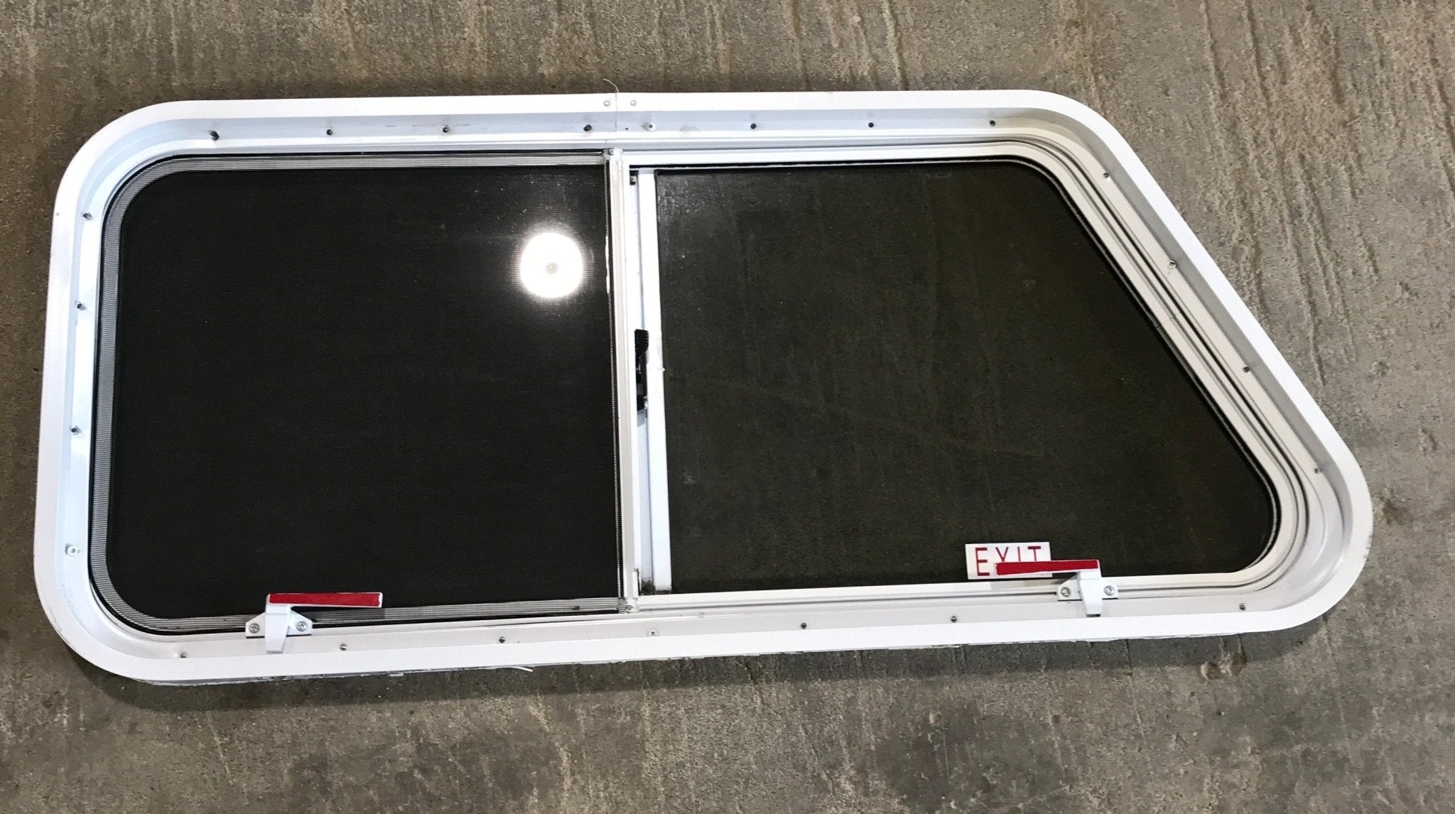 Used Slanted White Radius Emergency Opening Window : 42" W x 17 1/2" H x 2" D - Young Farts RV Parts