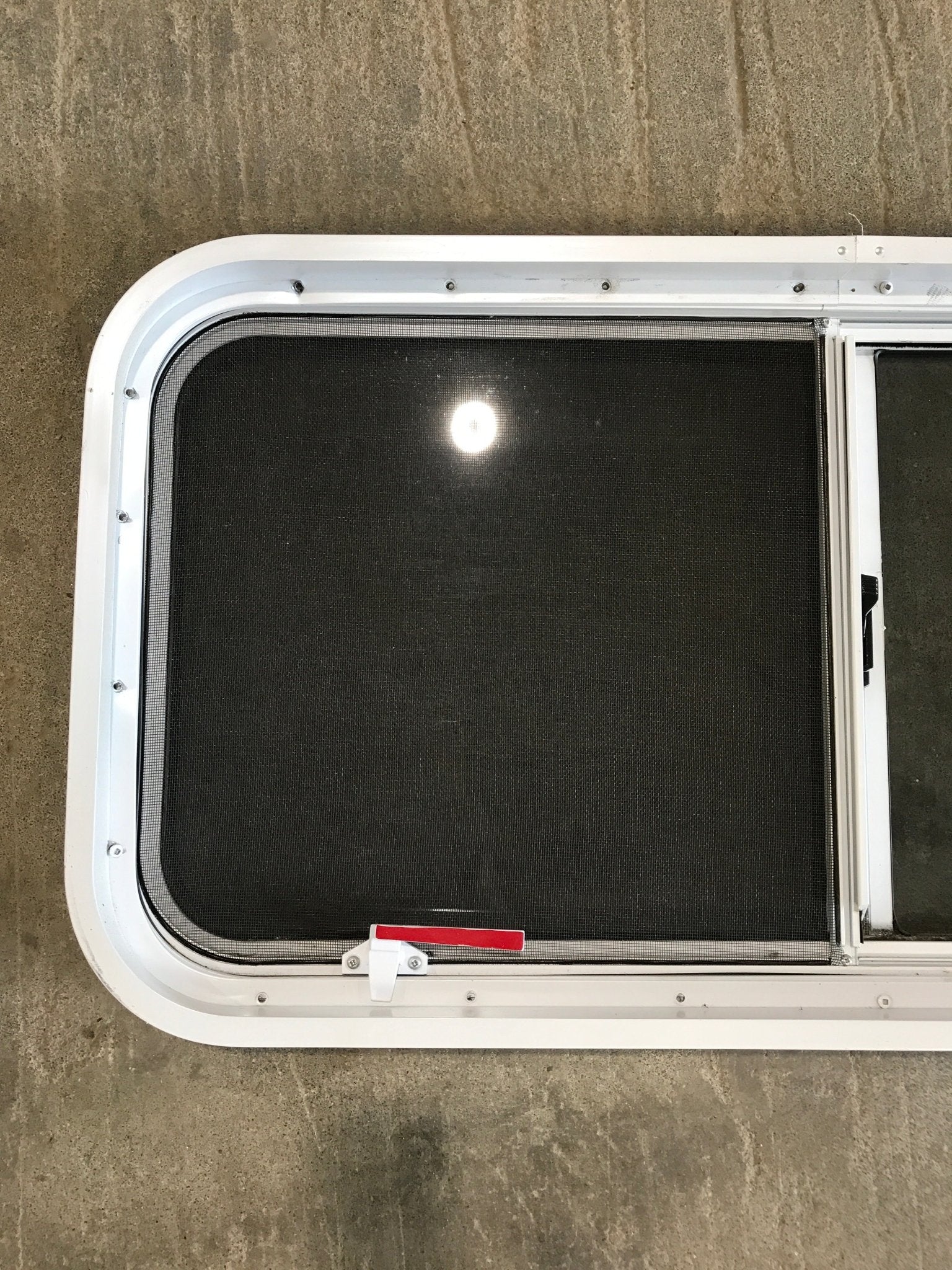 Used Slanted White Radius Emergency Opening Window : 42" W x 17 1/2" H x 2" D - Young Farts RV Parts