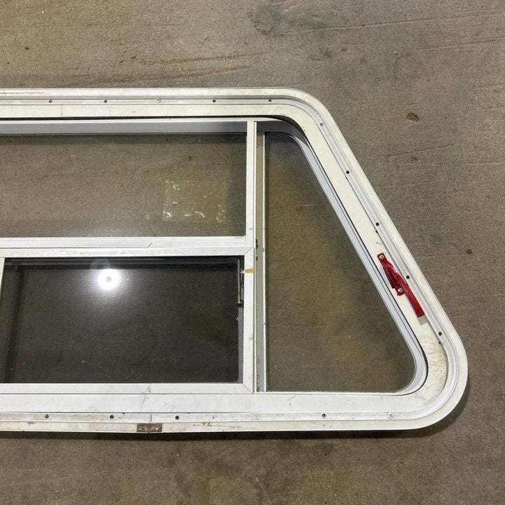 Used Slanted White Radius Emergency Opening Window - 49.25" x 23.25" x 1.875" - Young Farts RV Parts