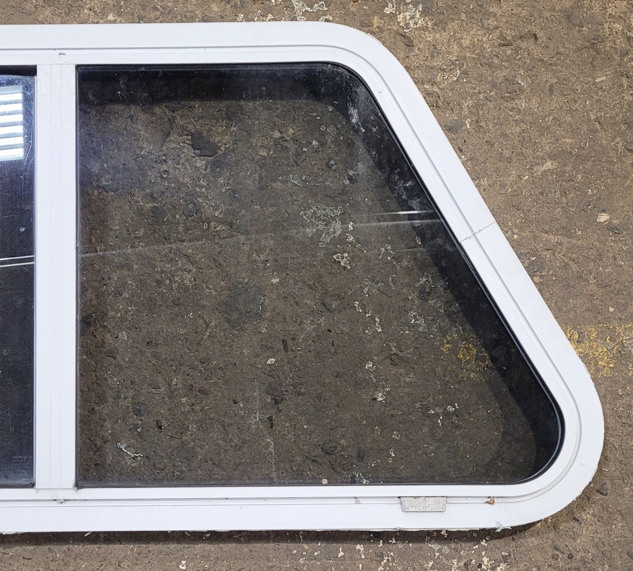 Used Slanted White Radius Opening Window : 37" W x 18 1/2" H x 1 7/8" D - Young Farts RV Parts