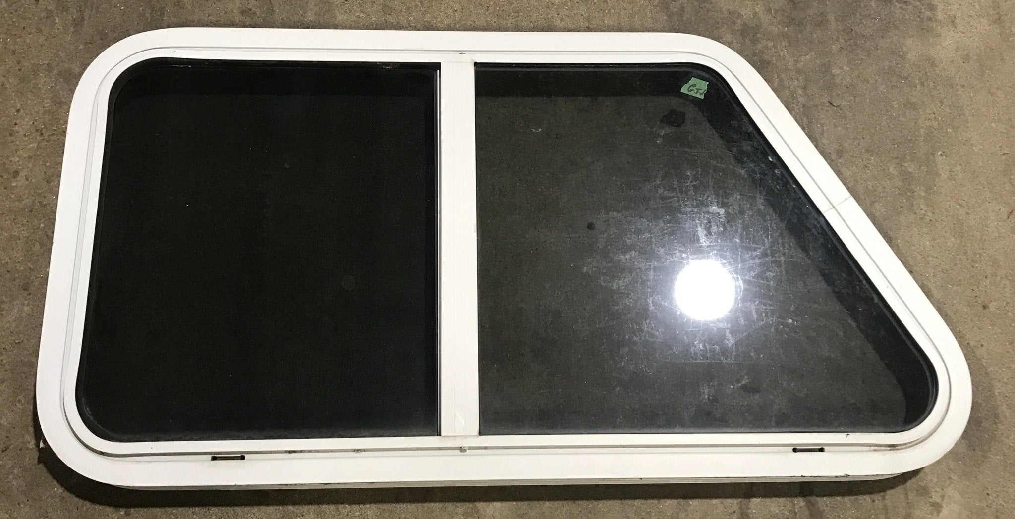 Used Slanted White Radius Opening Window : 37" W x 18 3/4" H x 1 7/8" D - Young Farts RV Parts
