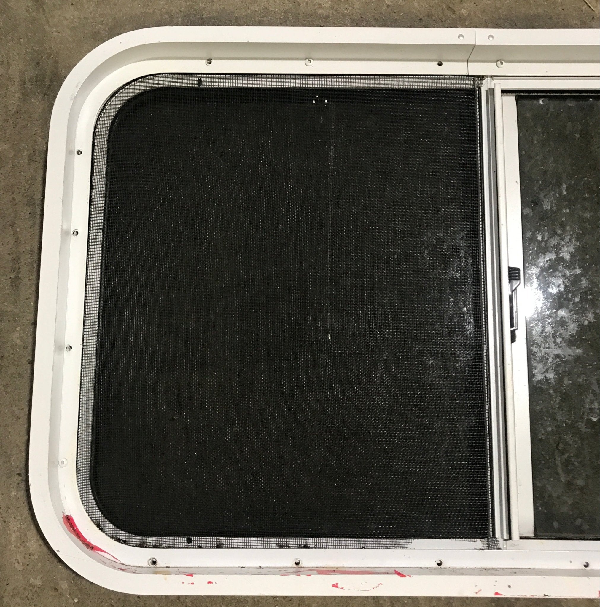 Used Slanted White Radius Opening Window : 37" W x 18 3/4" H x 1 7/8" D - Young Farts RV Parts