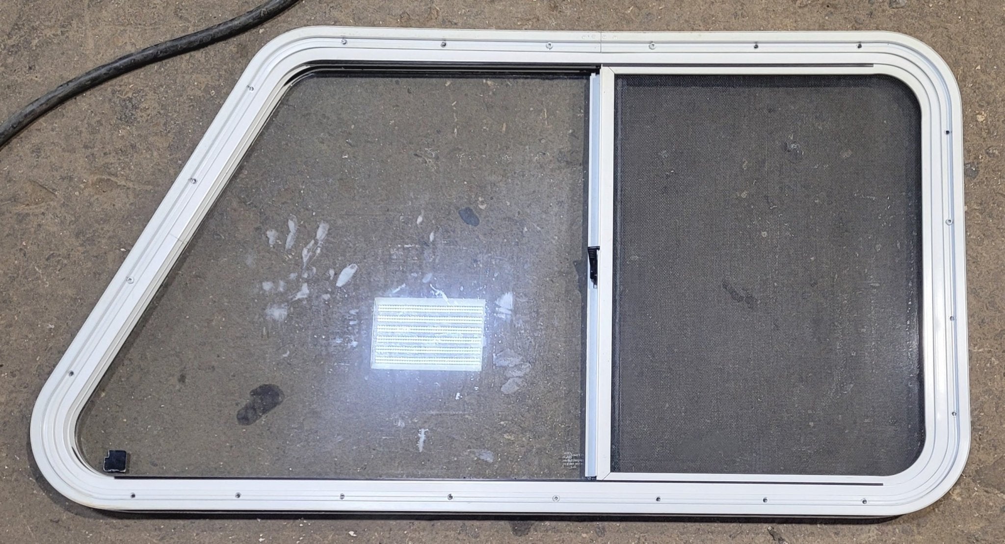 Used Slanted White Radius Opening Window : 41 1/4" W x 21 1/2" H x 1 1/4" D - Young Farts RV Parts