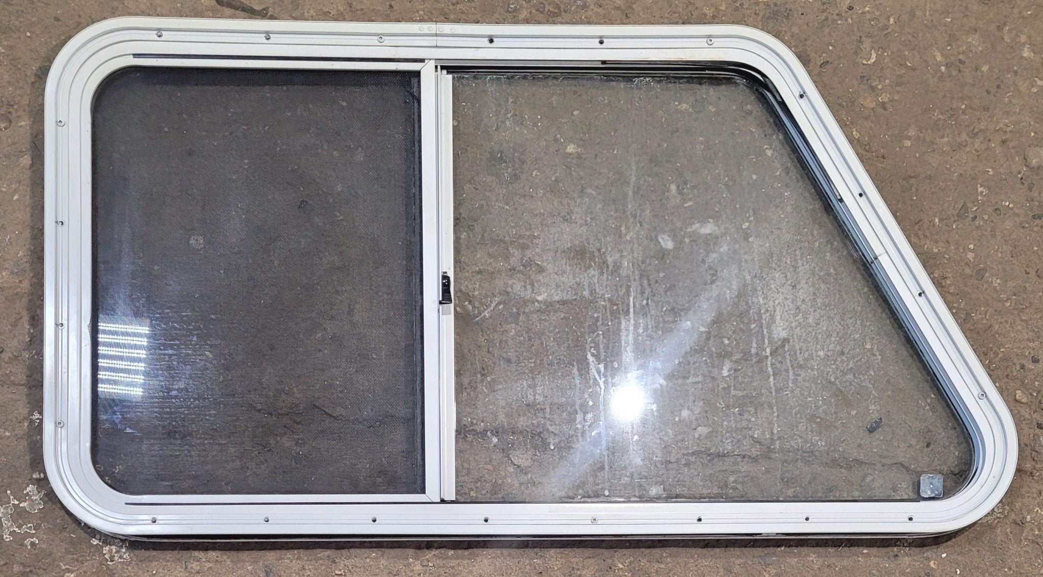 Used Slanted White Radius Opening Window : 41 1/4" W x 21 1/2" H x 1 1/4" D - Young Farts RV Parts