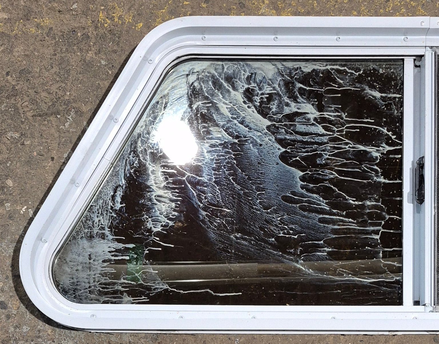 Used Slanted White Radius Opening Window : 41 3/4" W x 17 1/2" H x 1 7/8" D - Young Farts RV Parts