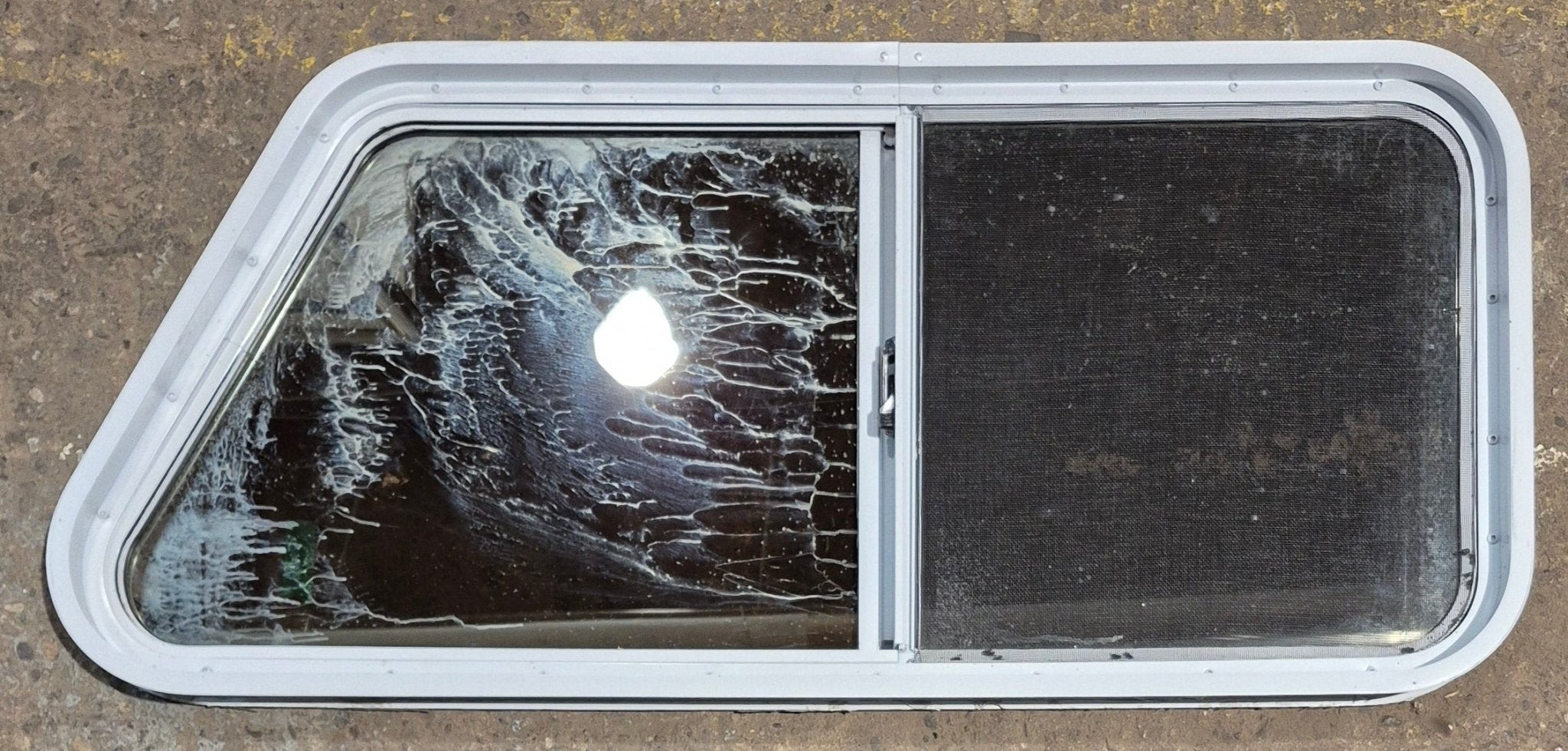 Used Slanted White Radius Opening Window : 41 3/4" W x 17 1/2" H x 1 7/8" D - Young Farts RV Parts