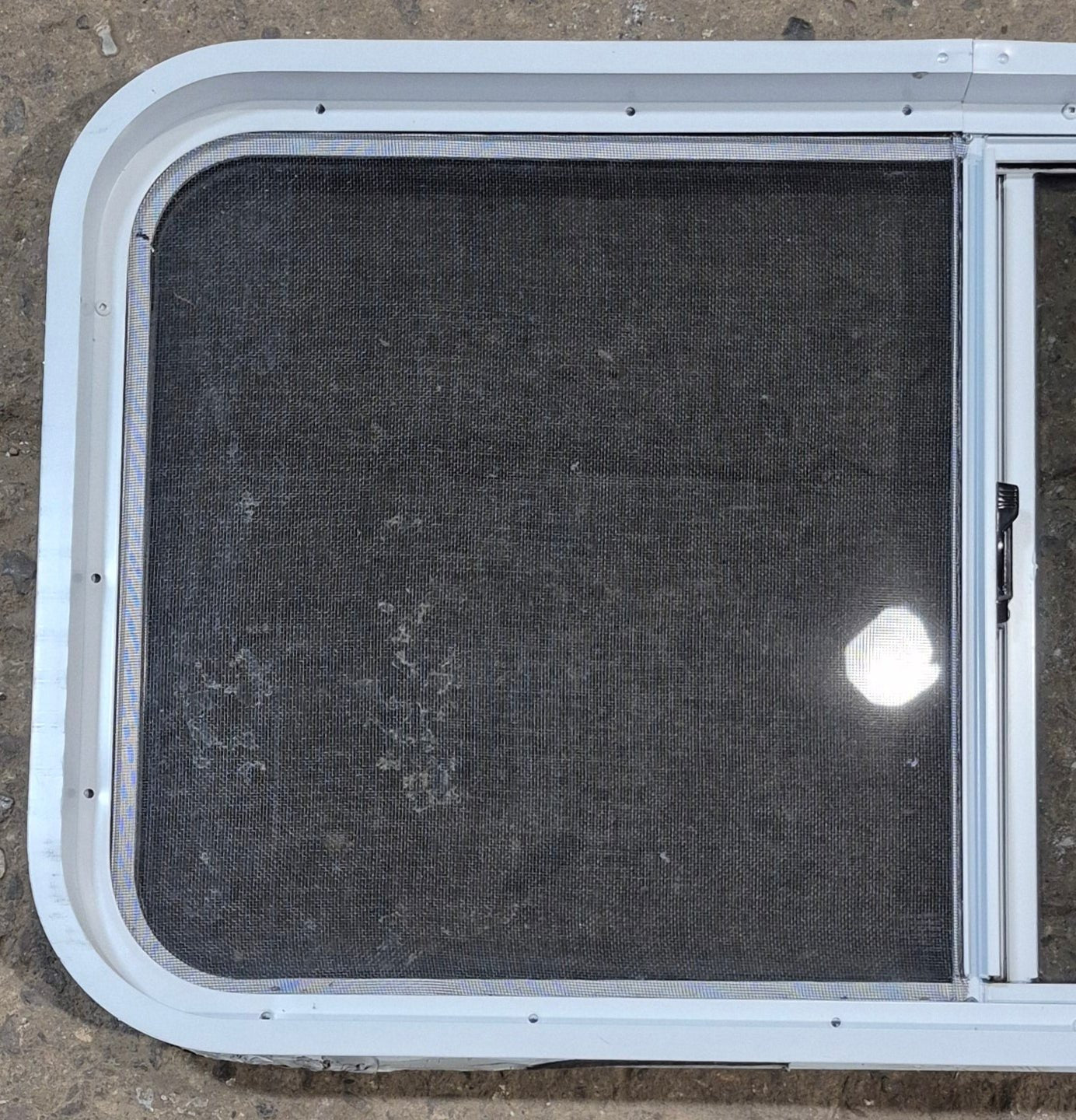 Used Slanted White Radius Opening Window : 41 3/4" W x 18 3/4" H x 1 7/8" D - Young Farts RV Parts