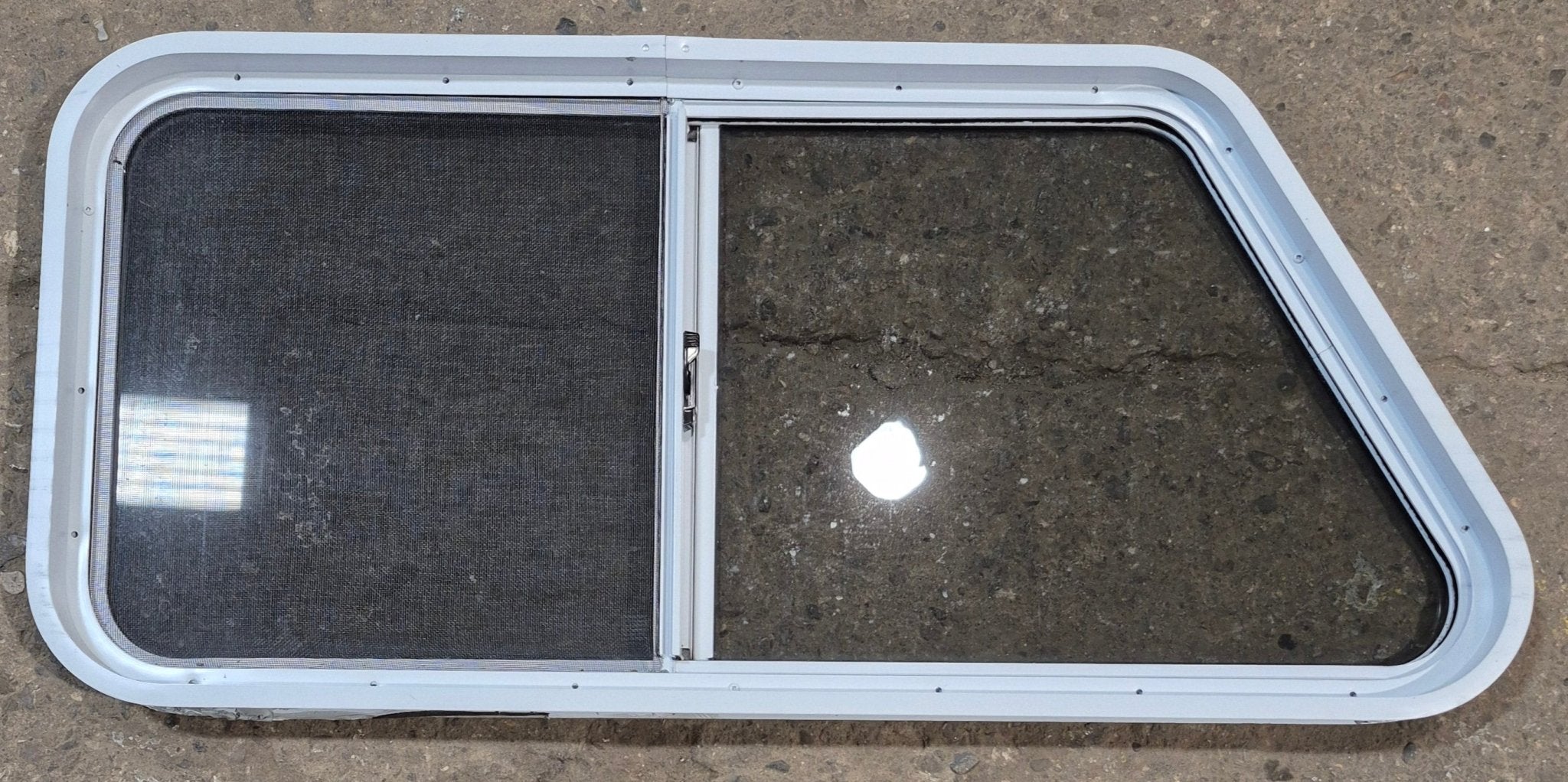 Used Slanted White Radius Opening Window : 41 3/4" W x 18 3/4" H x 1 7/8" D - Young Farts RV Parts