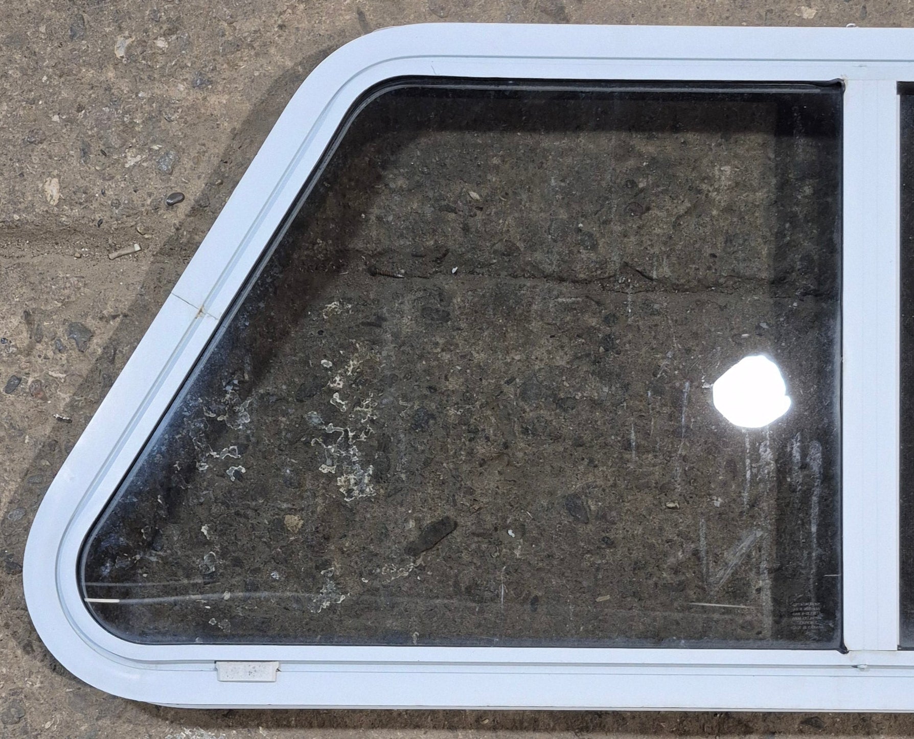Used Slanted White Radius Opening Window : 41 3/4" W x 18 3/4" H x 1 7/8" D - Young Farts RV Parts
