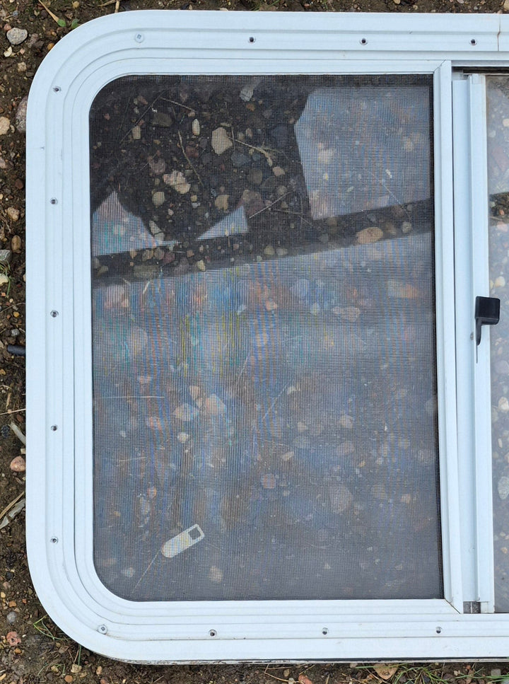 Used Slanted White Radius Opening Window : 41" W x 21" H x 1 1/4" D - Young Farts RV Parts