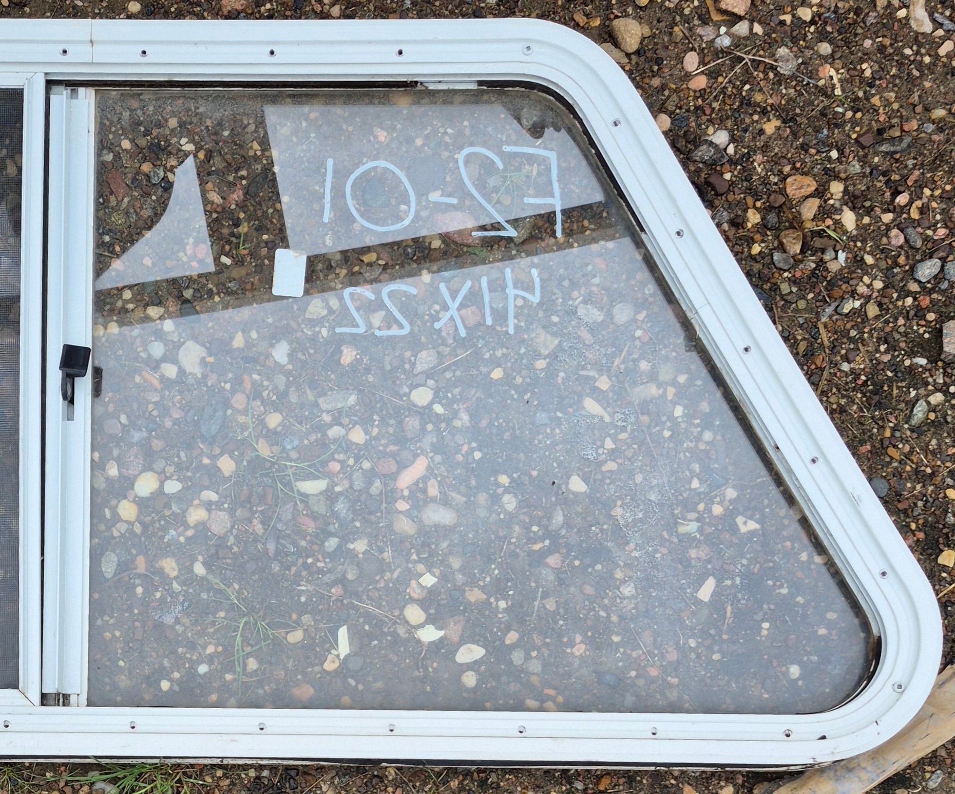 Used Slanted White Radius Opening Window : 41" W x 21" H x 1 1/4" D - Young Farts RV Parts