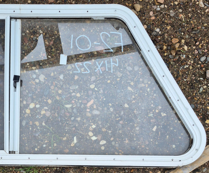 Used Slanted White Radius Opening Window : 41" W x 21" H x 1 1/4" D - Young Farts RV Parts