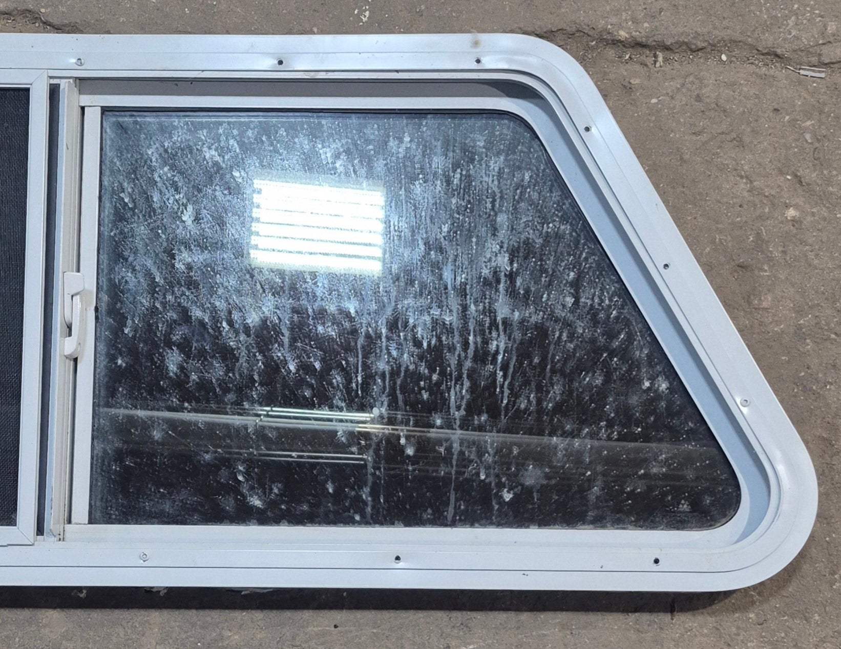 Used Slanted White Radius Opening Window : 42" W x 17 1/2" H x 1 7/8" D - Young Farts RV Parts