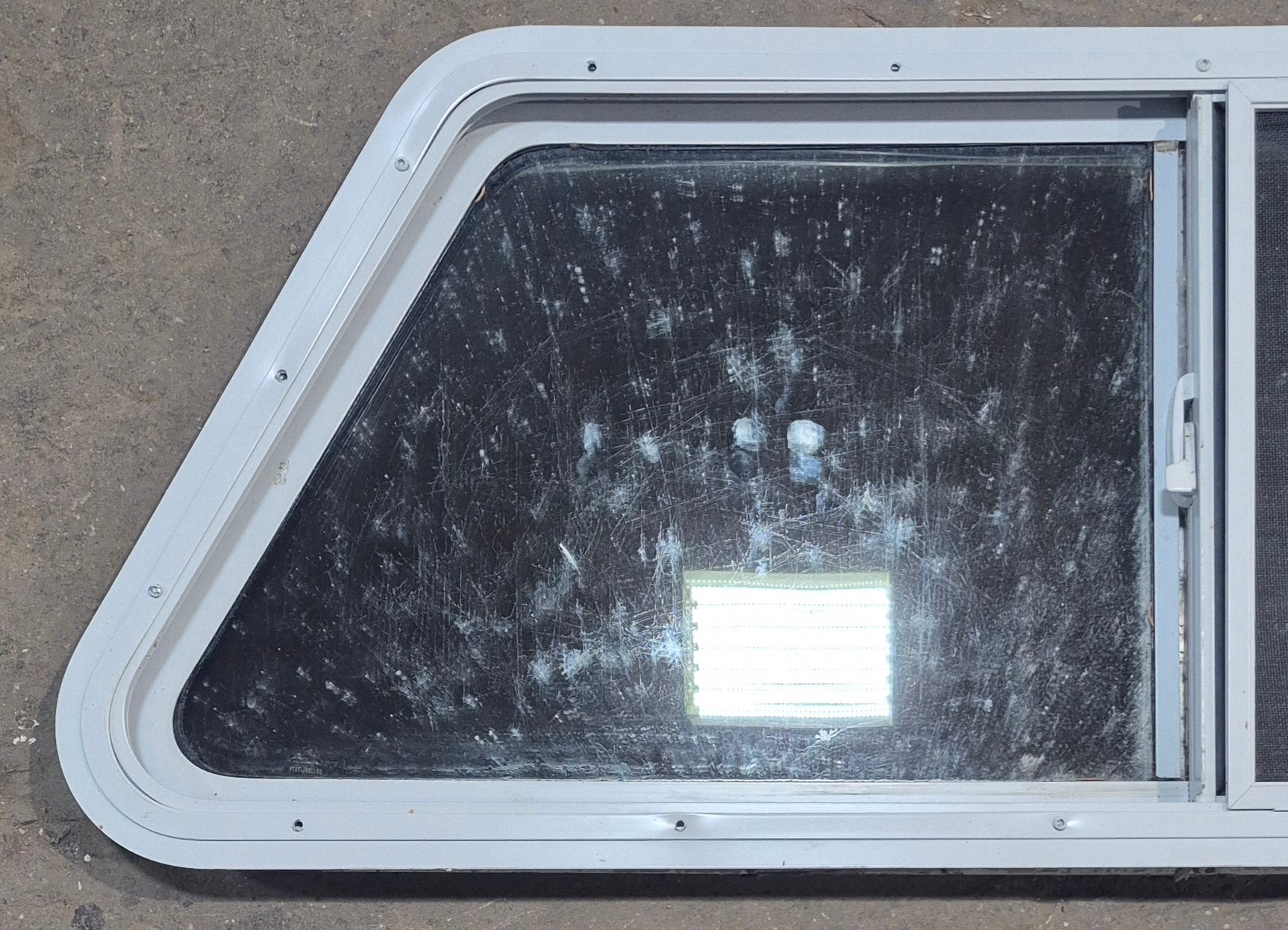 Used Slanted White Radius Opening Window : 42" W x 17 1/2" H x 1 7/8" D - Young Farts RV Parts
