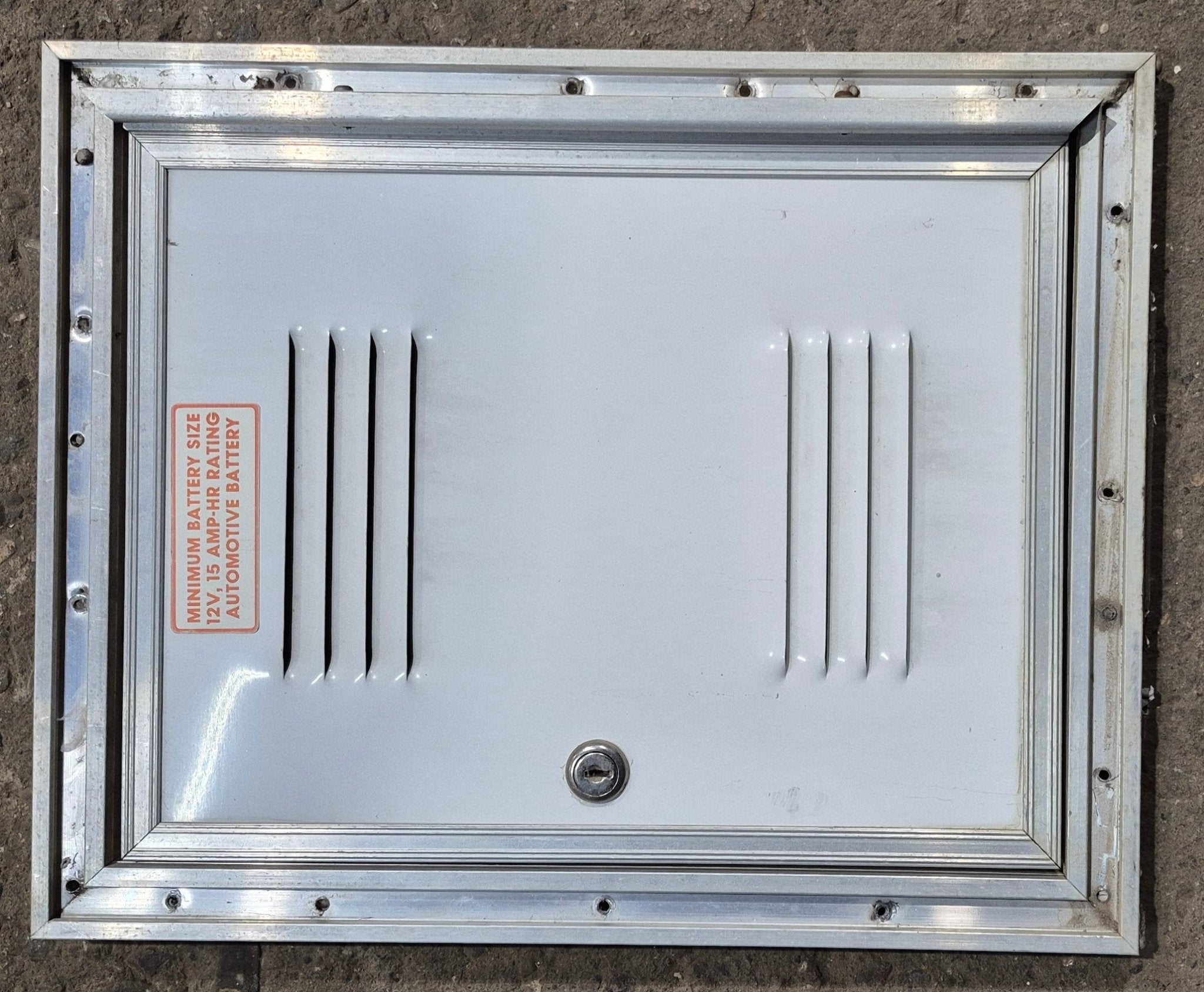 Used Square Cornered Battery/ Propane Cargo Door 13 3/4" x 10 3/4" x 1/2" - Young Farts RV Parts
