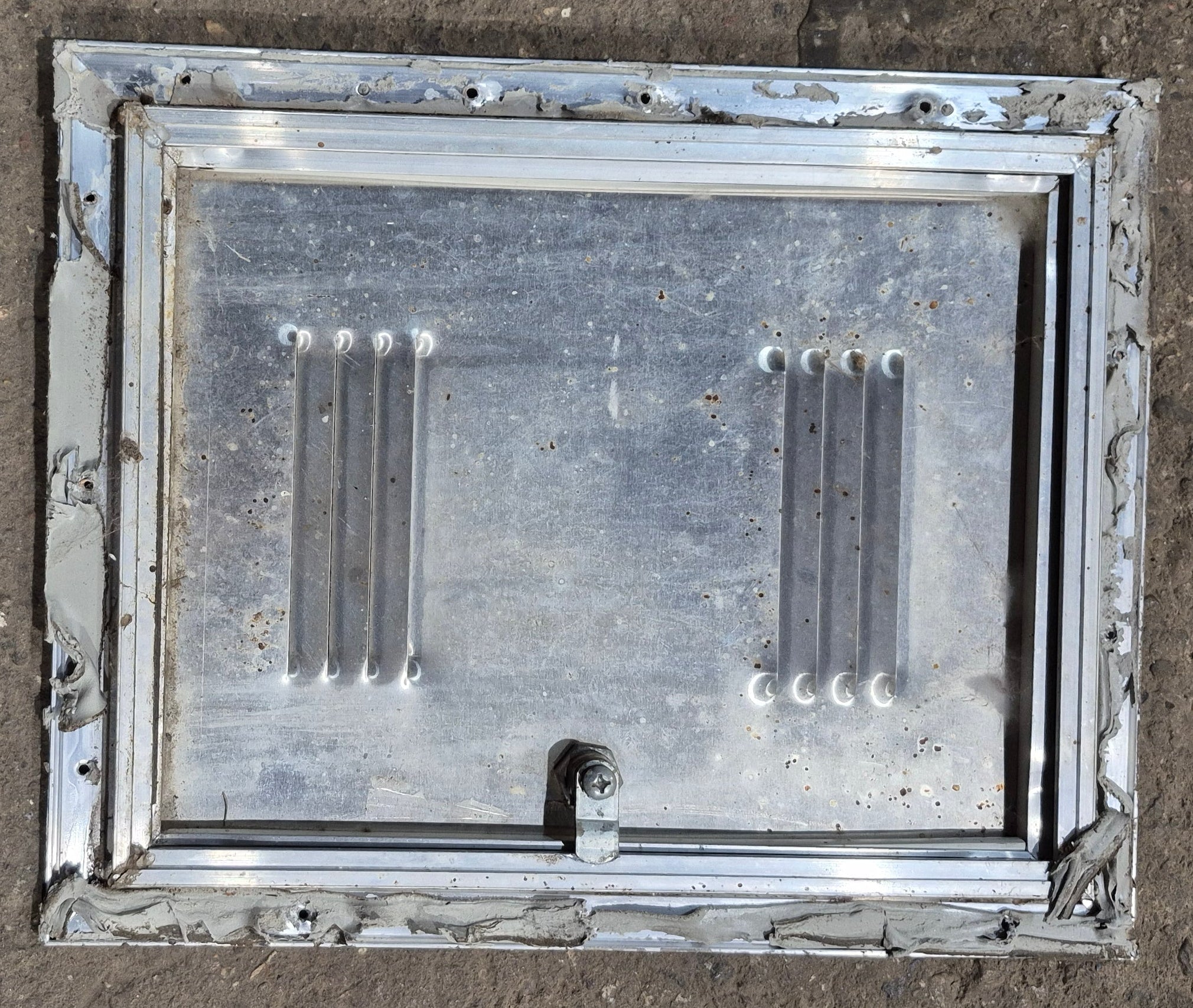 Used Square Cornered Battery/ Propane Cargo Door 13 3/4" x 10 3/4" x 1/2" - Young Farts RV Parts