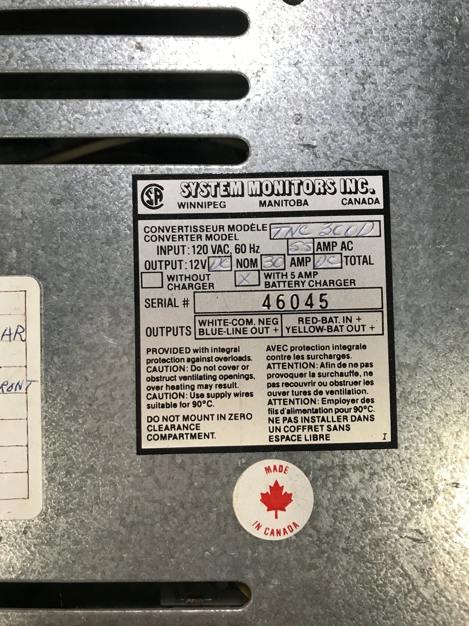 Used SYSTEM MONITORS 30 AMP Converter TNC300D - Young Farts RV Parts