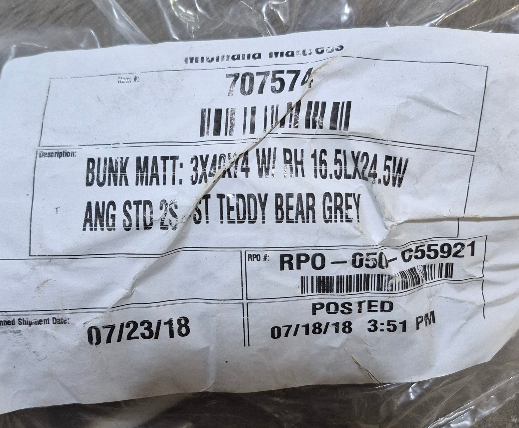 Used Teddy Bear Bunk Mattress 74" x 49" x 3" D - with diagonal cut corner - Young Farts RV Parts