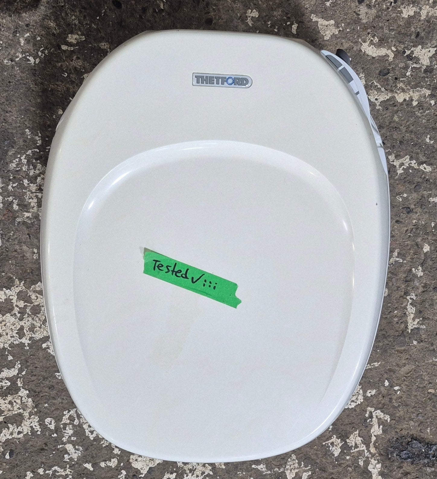 Used Toilet Complete Thetford Aqua - Magic IV (Low) Hand Flush - Off - White 24919 - Young Farts RV Parts