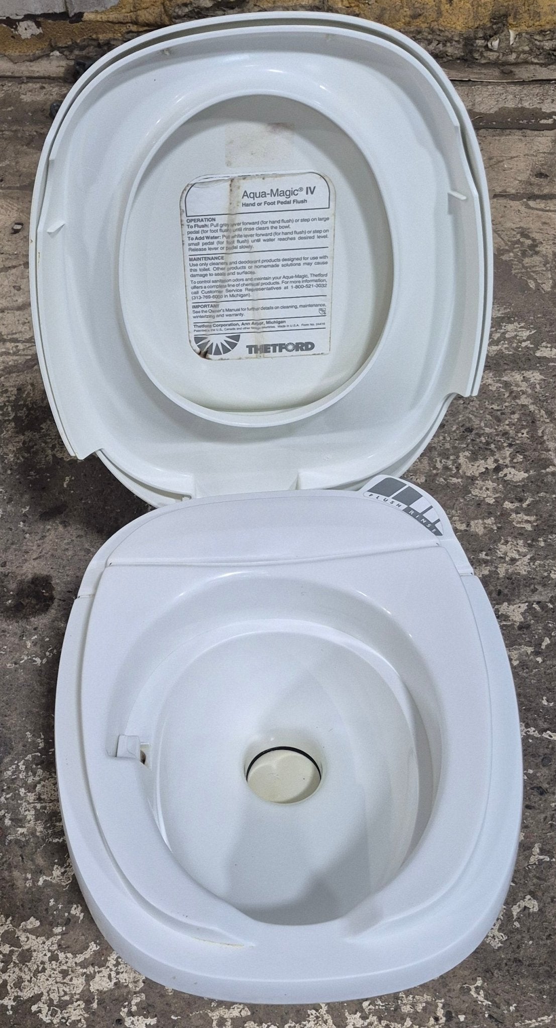 Used Toilet Complete Thetford Aqua - Magic IV (Low) Hand Flush - Off - White 24919 - Young Farts RV Parts