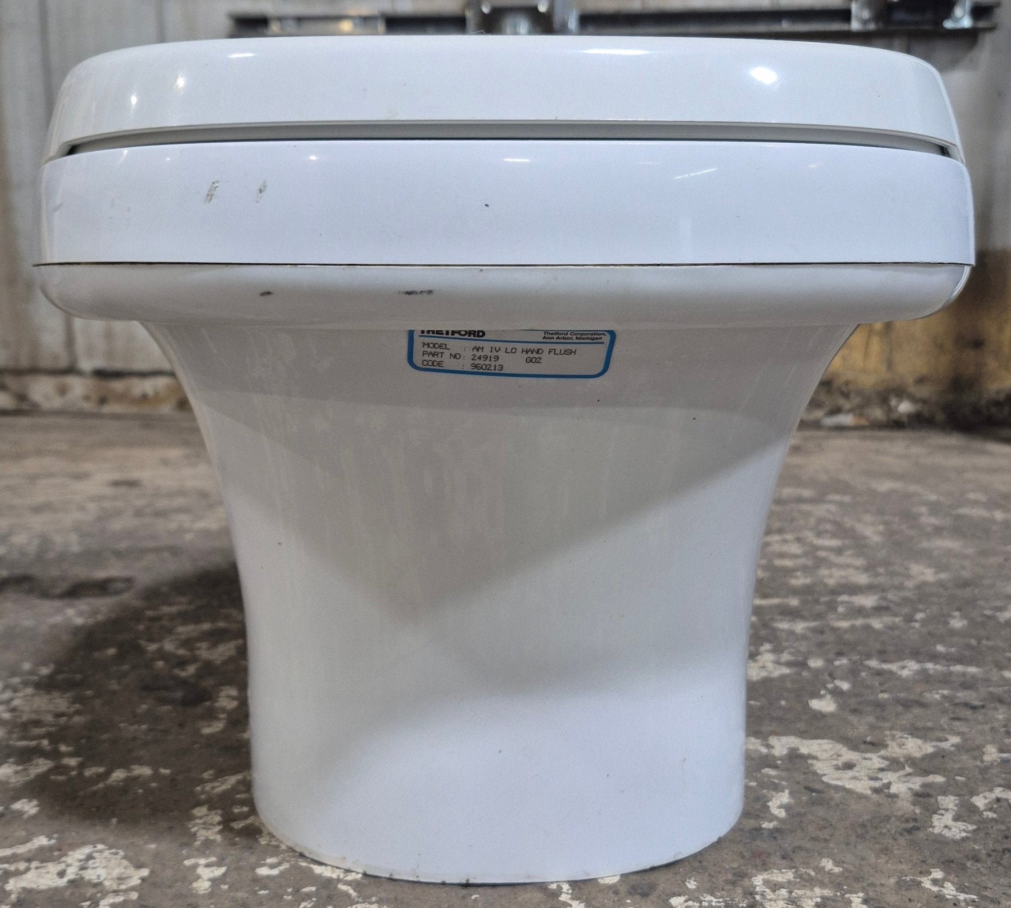 Used Toilet Complete Thetford Aqua - Magic IV (Low) Hand Flush - Off - White 24919 - Young Farts RV Parts