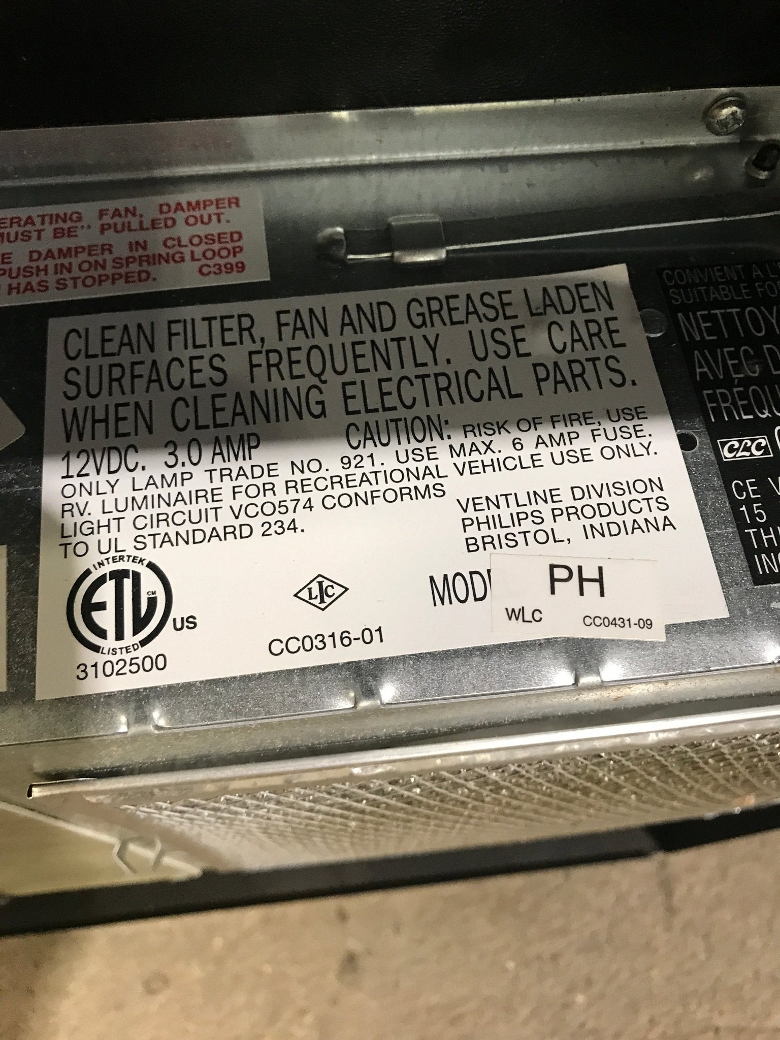 Used Ventline RV Range Hood Fan CC0431 - 09 - Young Farts RV Parts
