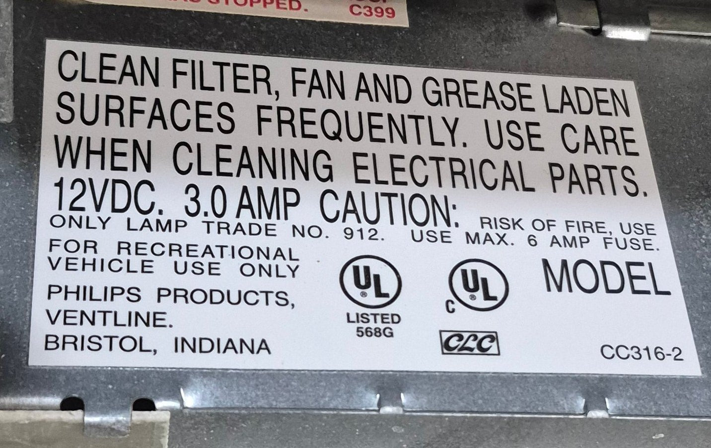 Used Ventline RV Range Hood Fan - CC316 - 2 - Young Farts RV Parts