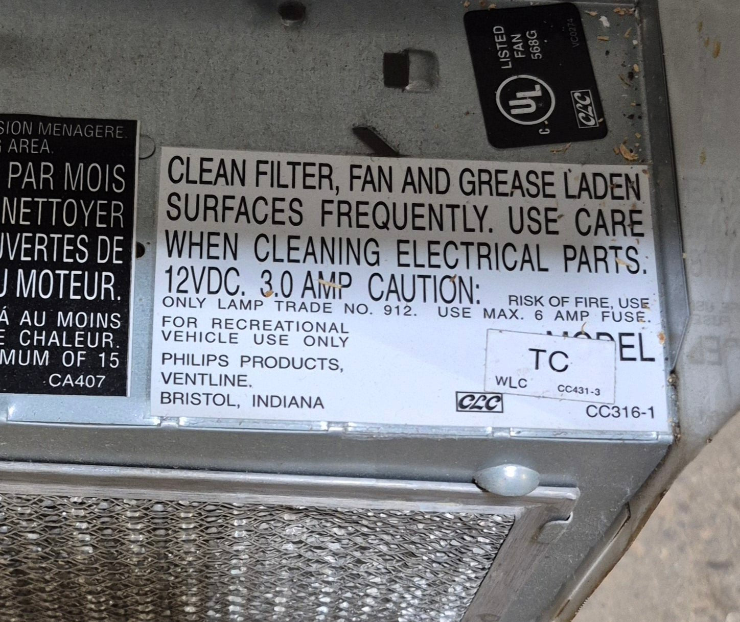 Used Ventline RV Range Hood Fan CC431 - 3 - Young Farts RV Parts