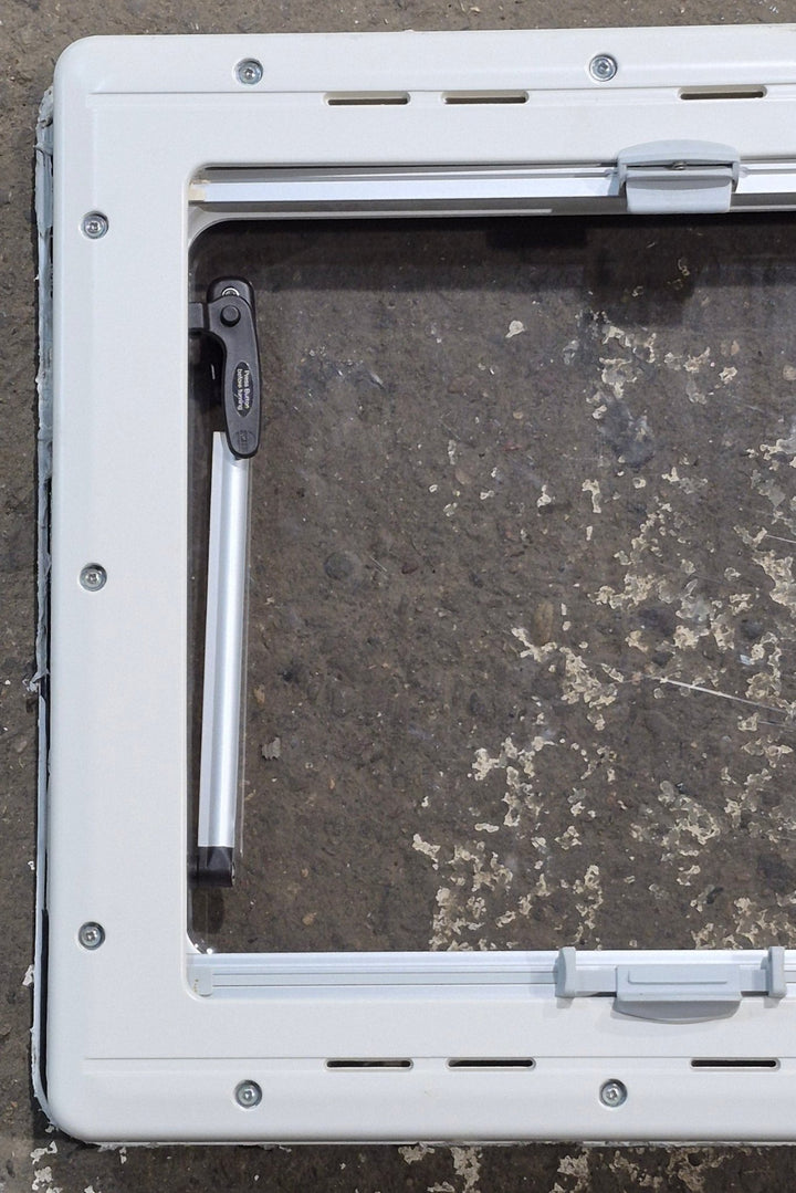Used White Radius Emergency Opening Window : 18 7/8" W x 16 7/8" H x 1" D - Young Farts RV Parts