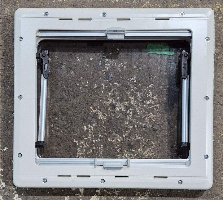 Used White Radius Emergency Opening Window : 18 7/8" W x 16 7/8" H x 1" D - Young Farts RV Parts