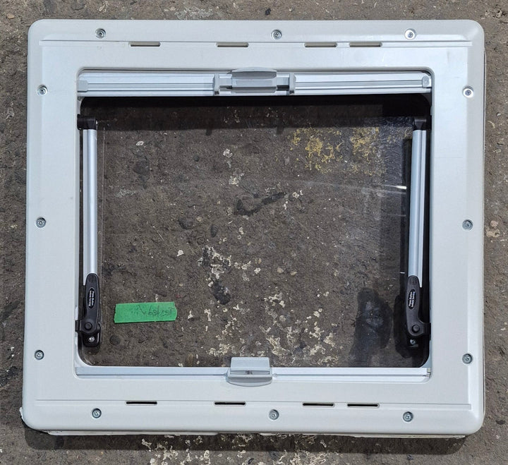 Used White Radius Emergency Opening Window : 18 7/8" W x 16 7/8" H x 1" D - Young Farts RV Parts