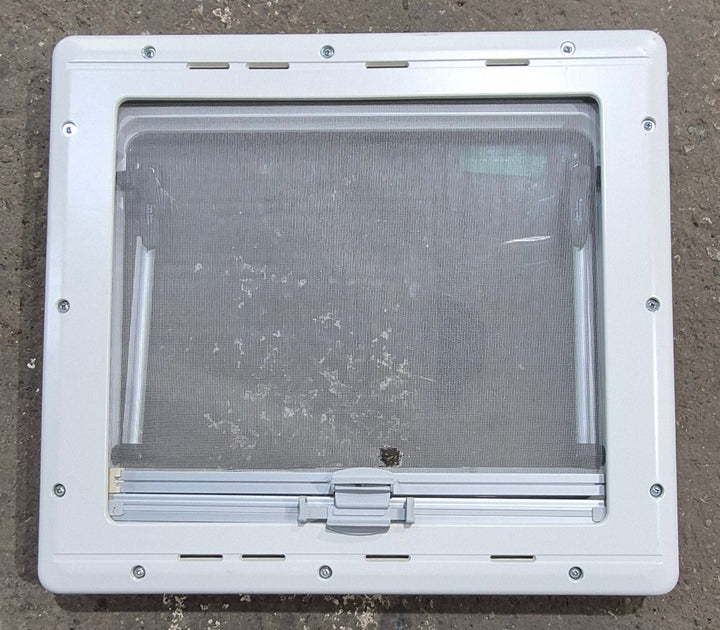 Used White Radius Emergency Opening Window : 18 7/8" W x 16 7/8" H x 1" D - Young Farts RV Parts