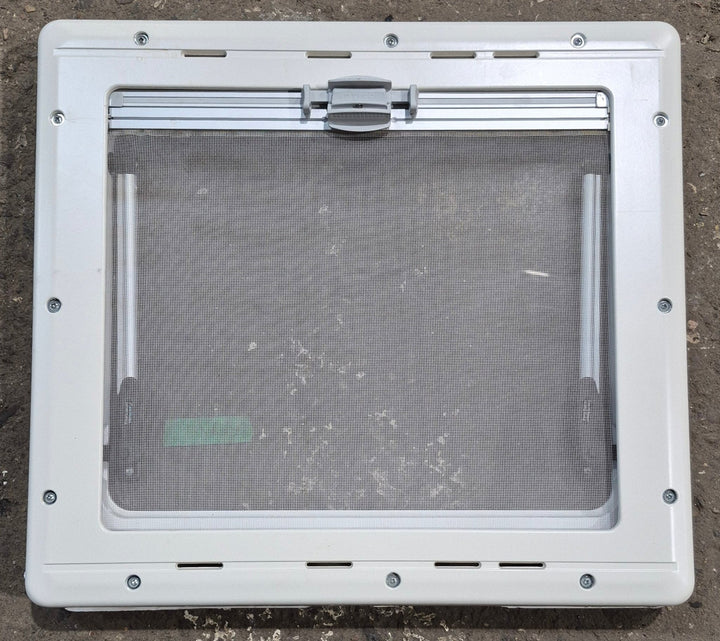 Used White Radius Emergency Opening Window : 18 7/8" W x 16 7/8" H x 1" D - Young Farts RV Parts