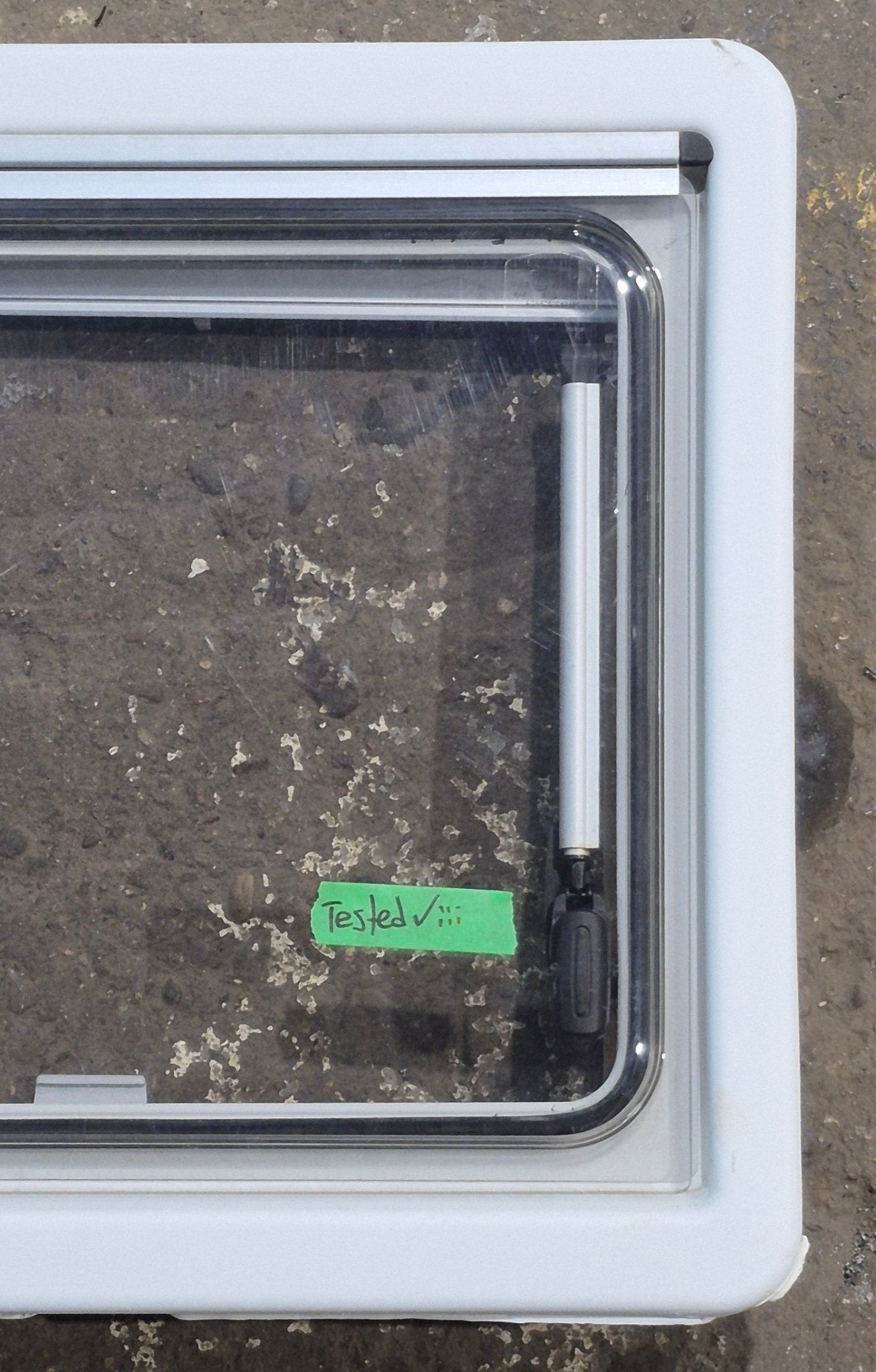 Used White Radius Emergency Opening Window : 18 7/8" W x 16 7/8" H x 1" D - Young Farts RV Parts