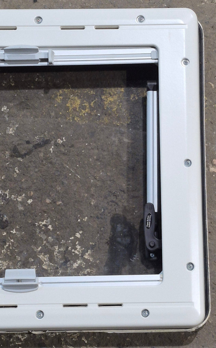 Used White Radius Emergency Opening Window : 18 7/8" W x 16 7/8" H x 1" D - Young Farts RV Parts