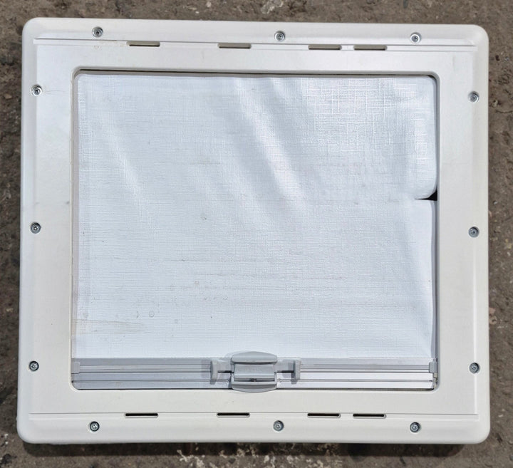 Used White Radius Emergency Opening Window : 18 7/8" W x 16 7/8" H x 1" D - Young Farts RV Parts