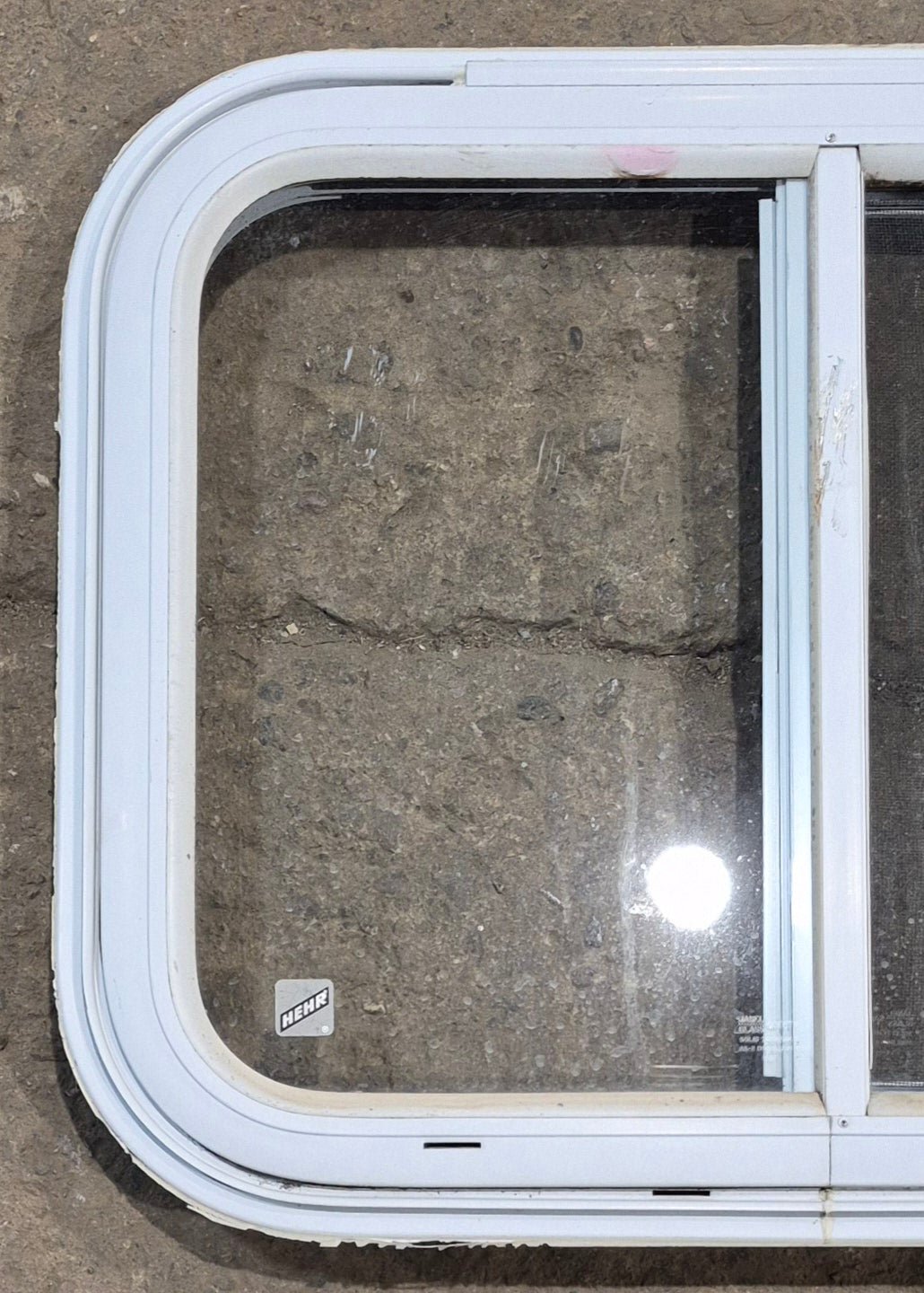 Used White Radius Emergency Opening Window : 25 1/2" W x 19 1/2" H x 1 1/4" D - Young Farts RV Parts