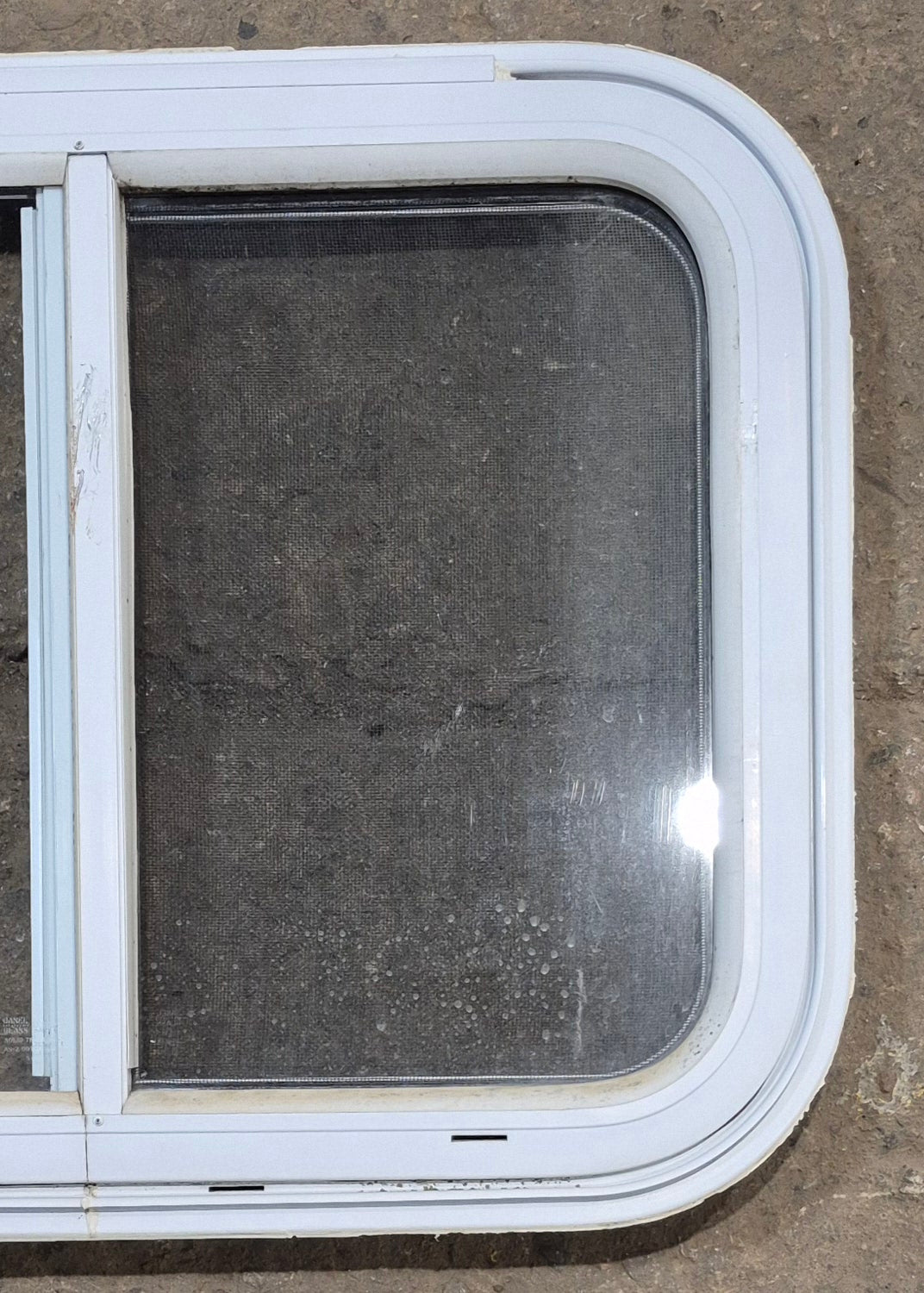 Used White Radius Emergency Opening Window : 25 1/2" W x 19 1/2" H x 1 1/4" D - Young Farts RV Parts