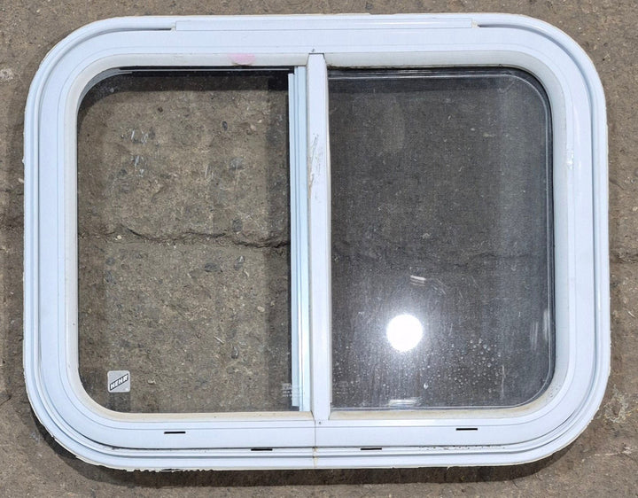 Used White Radius Emergency Opening Window : 25 1/2" W x 19 1/2" H x 1 1/4" D - Young Farts RV Parts