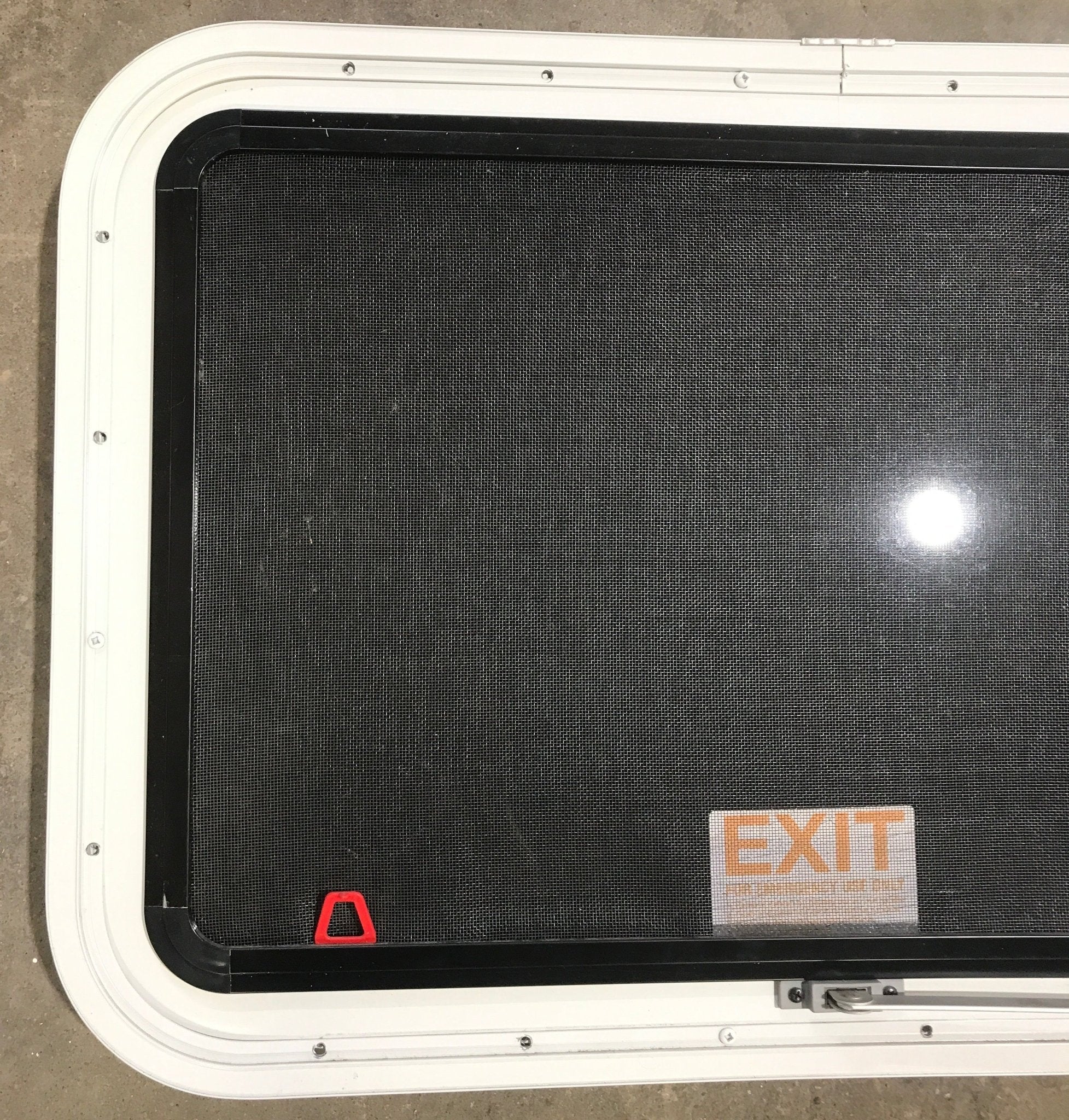 Used White Radius Emergency Opening Window : 29 1/2" W x 19 1/2" H x 1 7/8" D - Young Farts RV Parts
