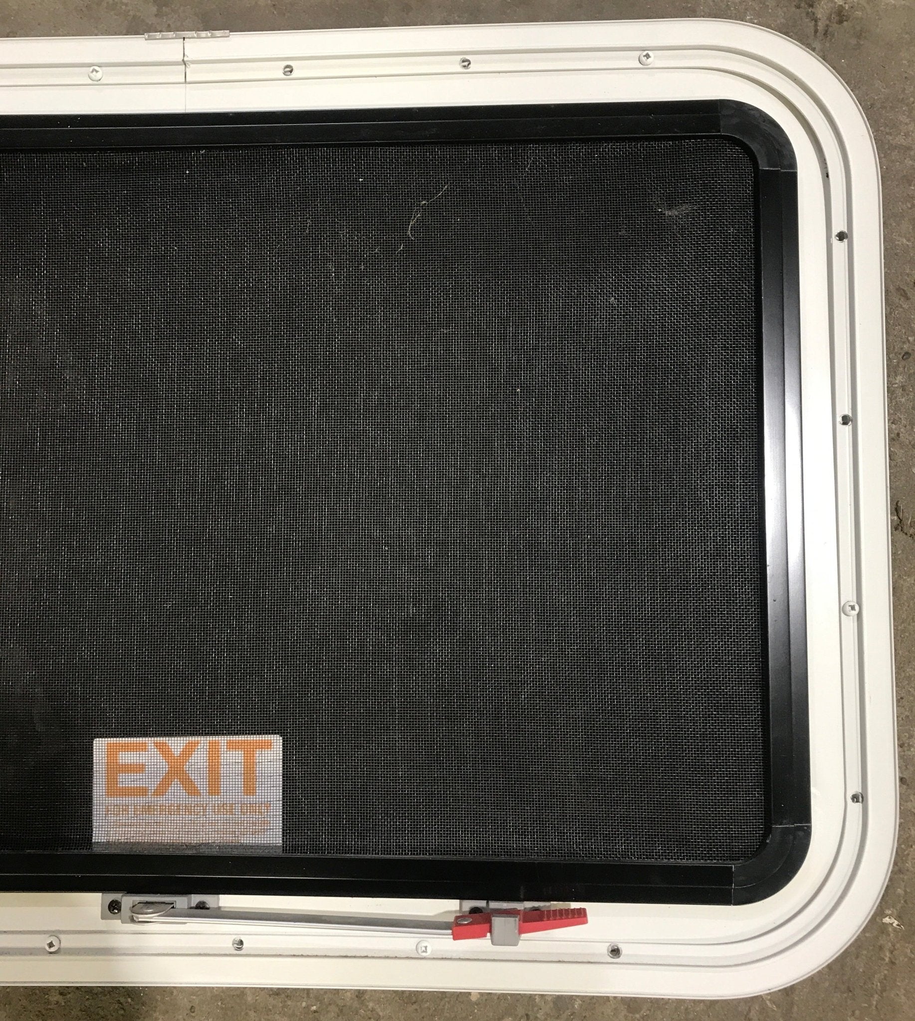Used White Radius Emergency Opening Window : 29 1/2" W x 19 1/2" H x 1 7/8" D - Young Farts RV Parts