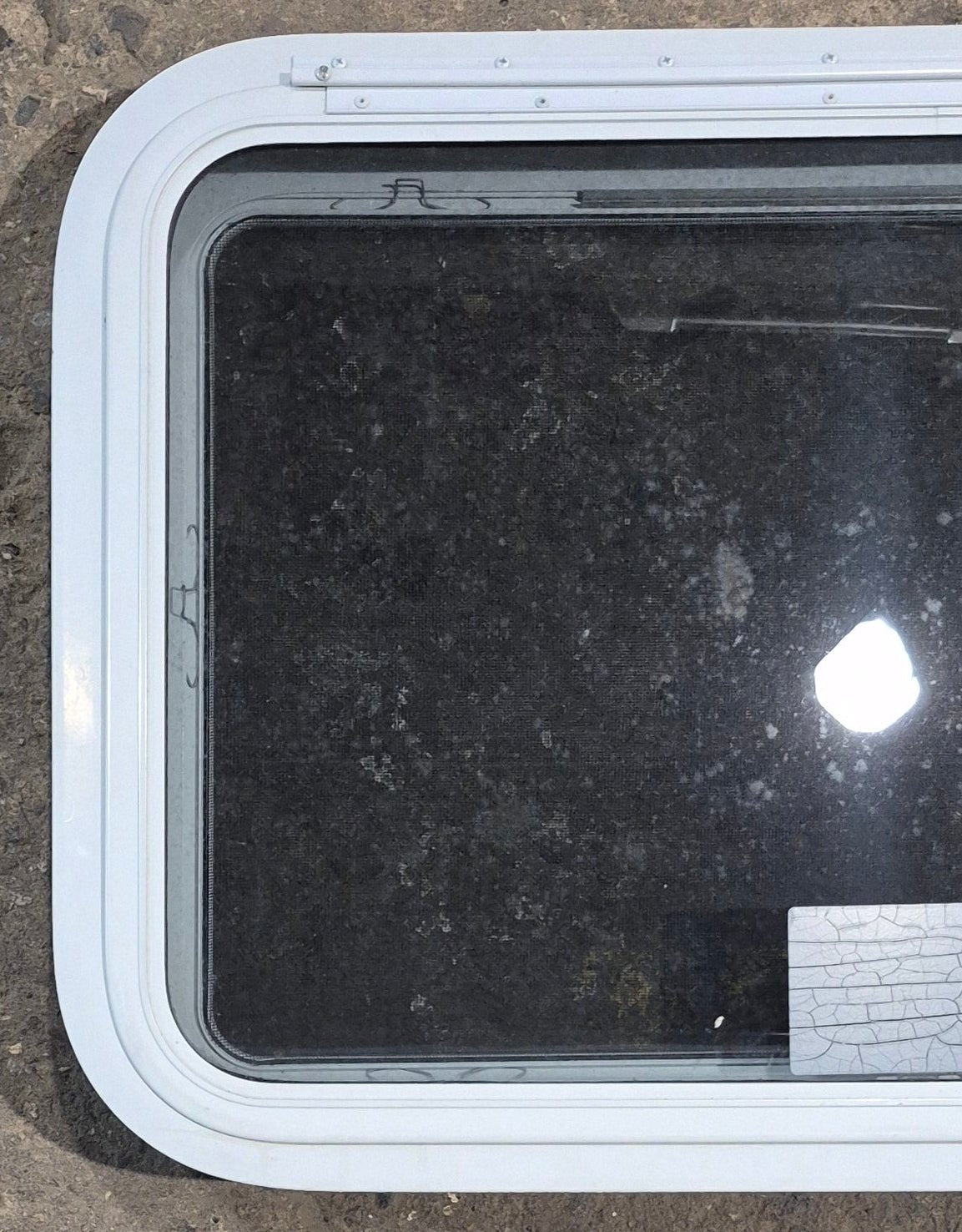 Used White Radius Emergency Opening Window : 29 1/2" W x 19 1/4" H x 1 7/8" D - Young Farts RV Parts