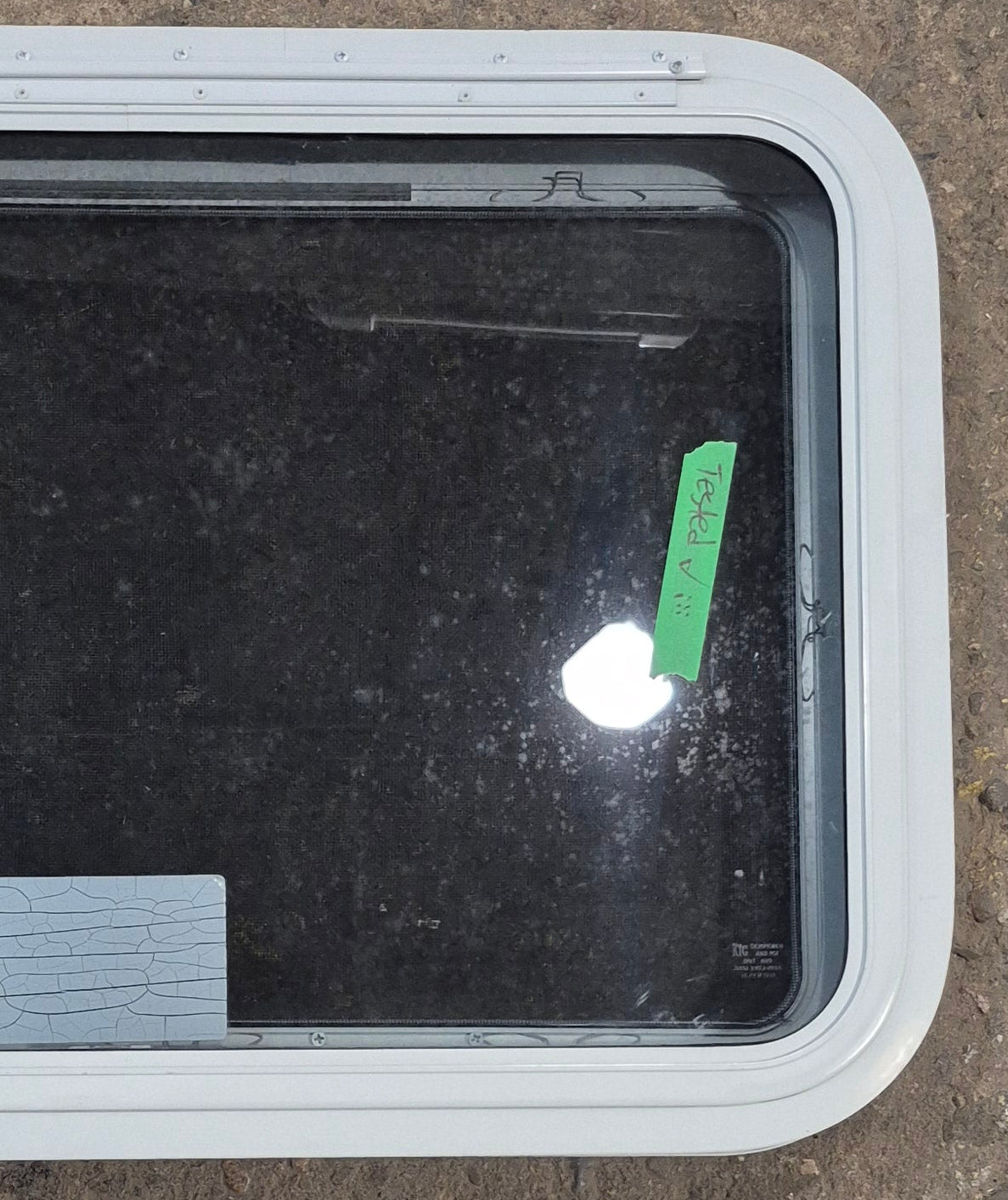 Used White Radius Emergency Opening Window : 29 1/2" W x 19 1/4" H x 1 7/8" D - Young Farts RV Parts