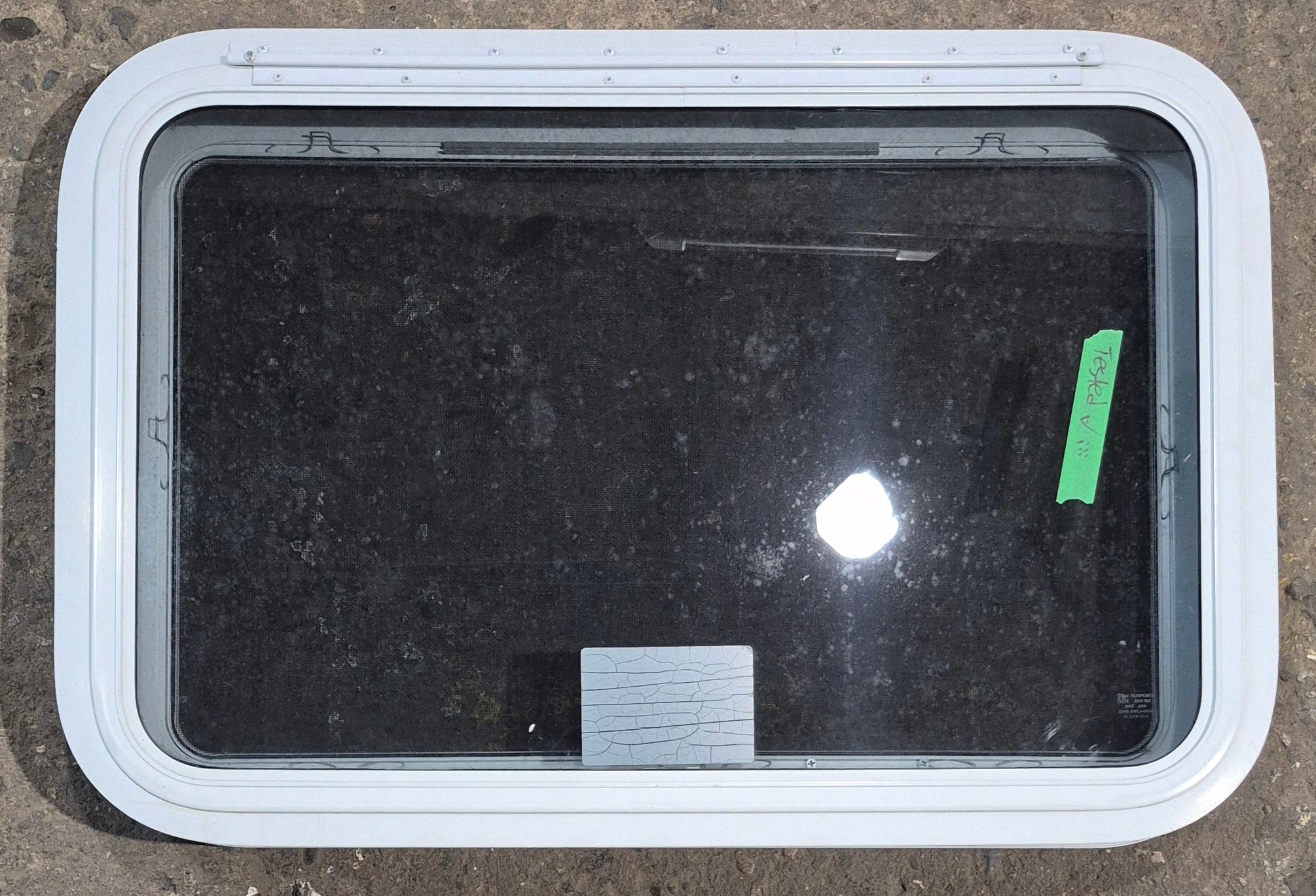 Used White Radius Emergency Opening Window : 29 1/2" W x 19 1/4" H x 1 7/8" D - Young Farts RV Parts