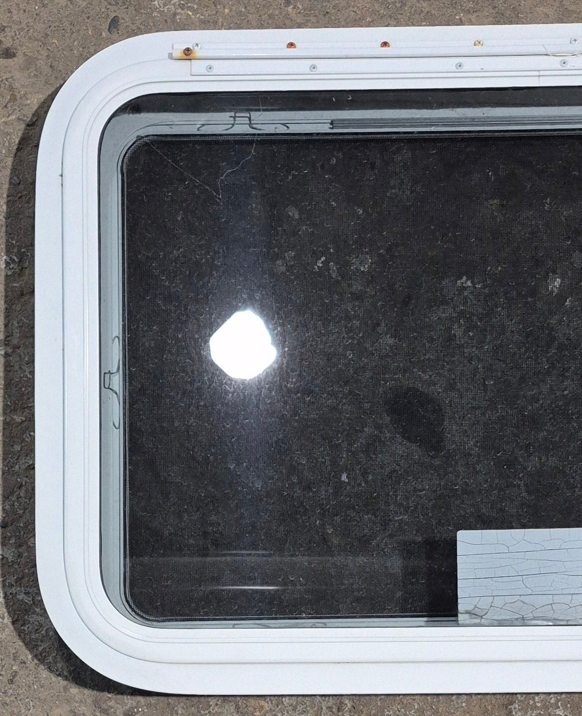 Used White Radius Emergency Opening Window : 29 1/2" W x 19 1/4" H x 1 7/8" D - Young Farts RV Parts